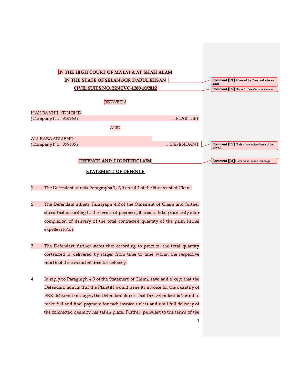 Statement of Defence - 1 IN THE HIGH COURT OF MALAYA AT SHAH ALAM IN ...