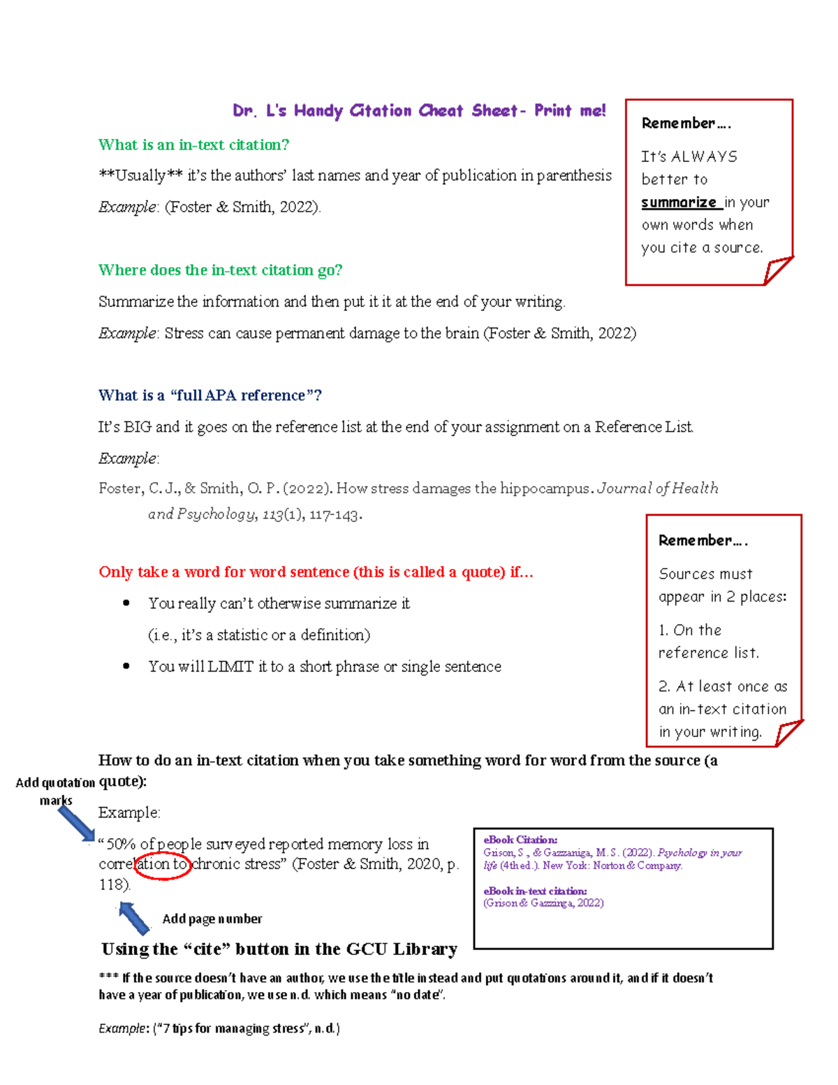 Citation Cheat Sheet - Review - Dr. L’s Handy Citation Cheat Sheet ...
