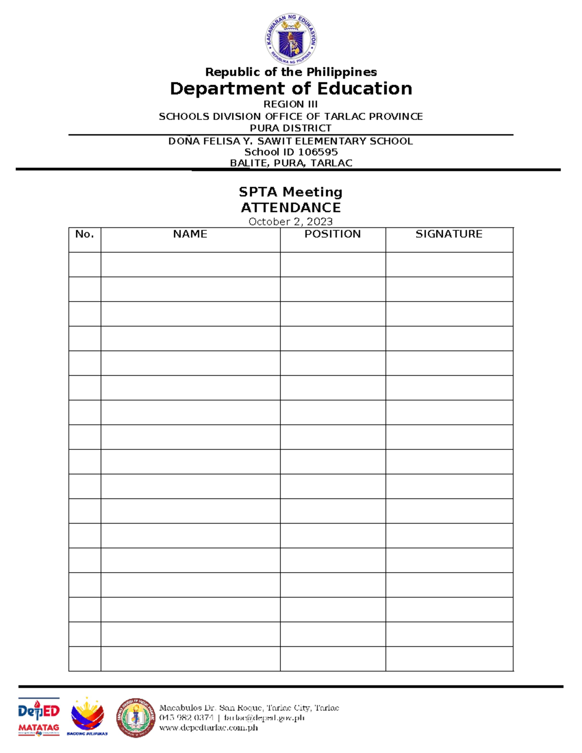 SPTA Attendance - Department of Education REGION III SCHOOLS DIVISION ...