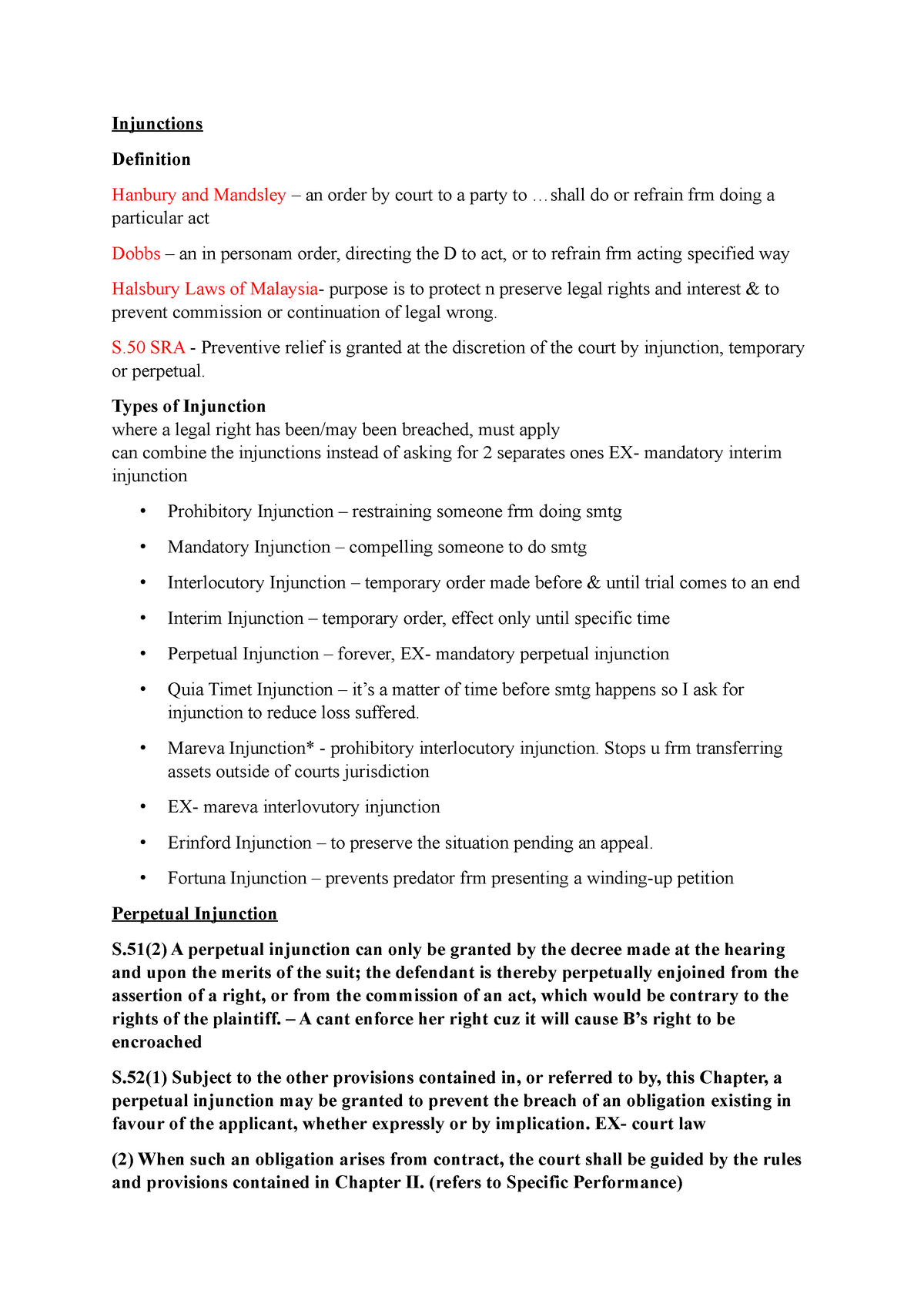 Injunctions - Note - Injunctions Definition Hanbury and Mandsley – an ...