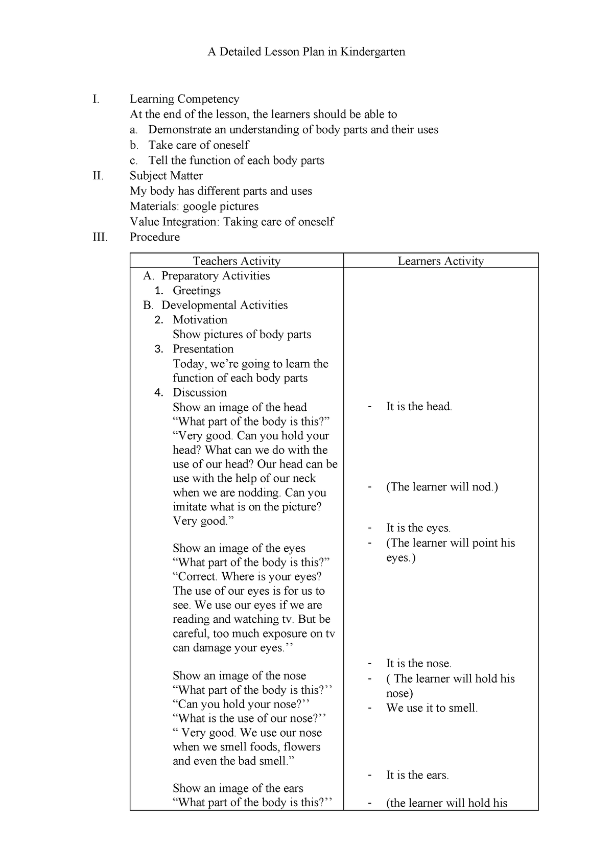 Detailed Lesson Plan in Kindergarten Science - A Detailed Lesson Plan ...