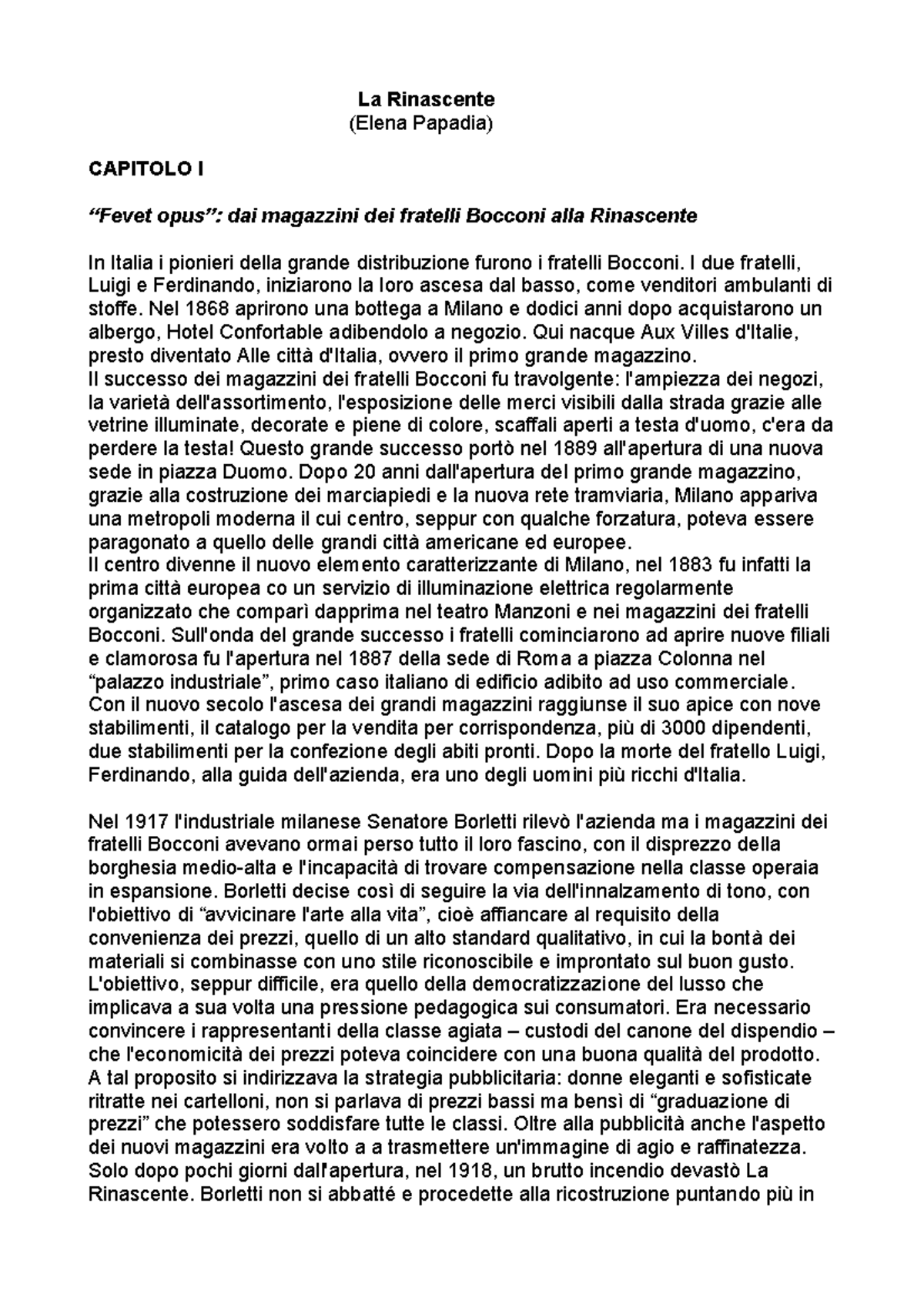 Riassunto libro La Rinascente - La Rinascente (Elena Papadia) CAPITOLO ...