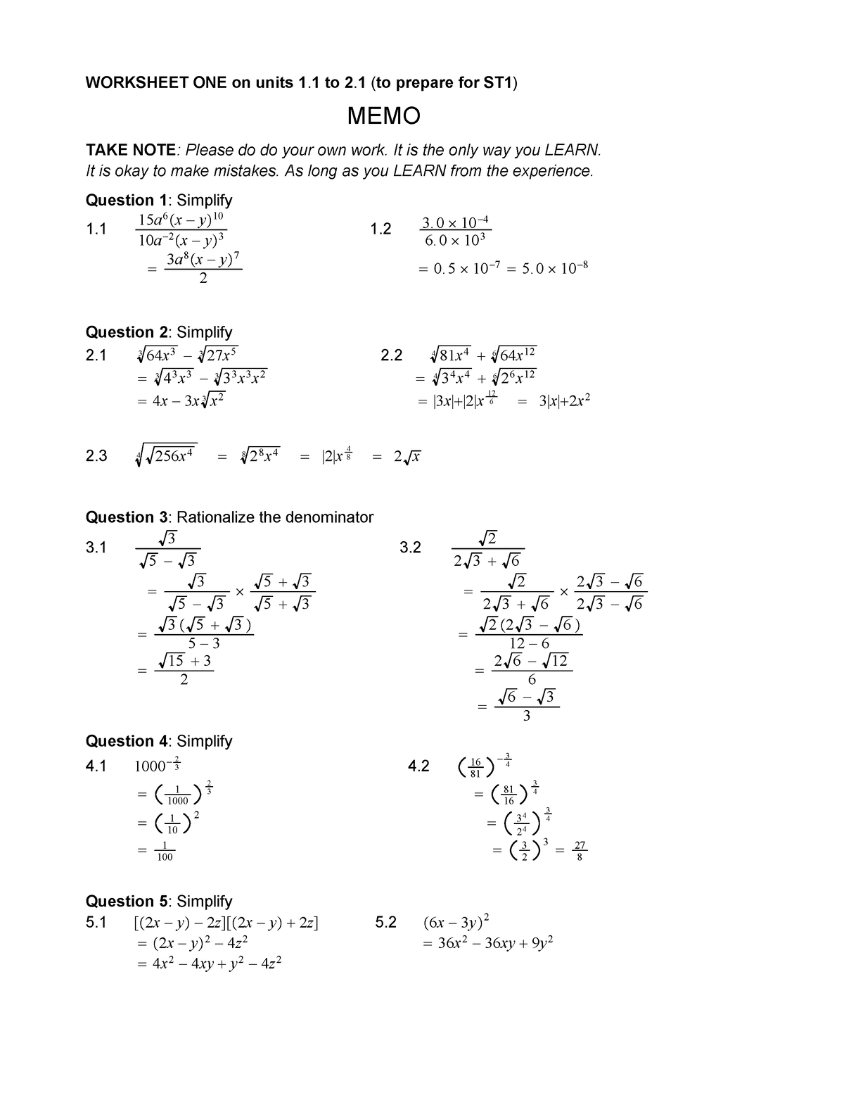 Worksheet 1 MEMO - Info - WORKSHEET ONE on units 1 to 2. 1 (to prepare ...