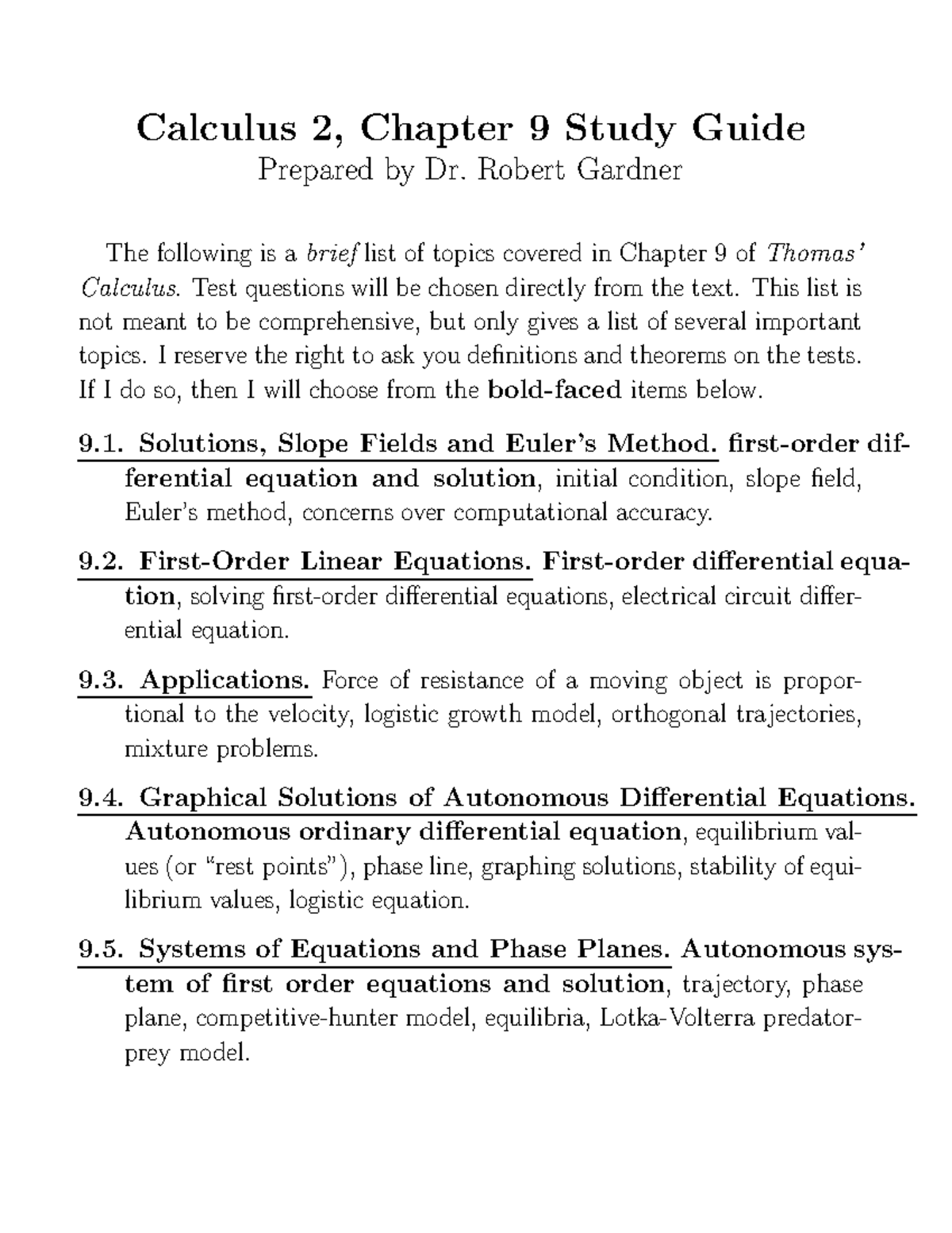 FirstOrder Differential Equations Calculus 2, Chapter 9 Study Guide