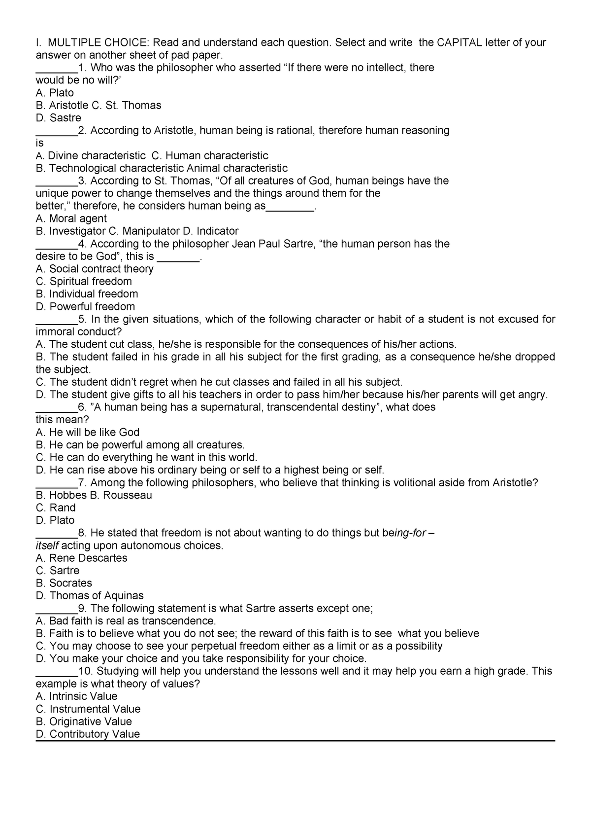 Philosophy- Reviewer - NOTES - I. MULTIPLE CHOICE: Read And Understand ...