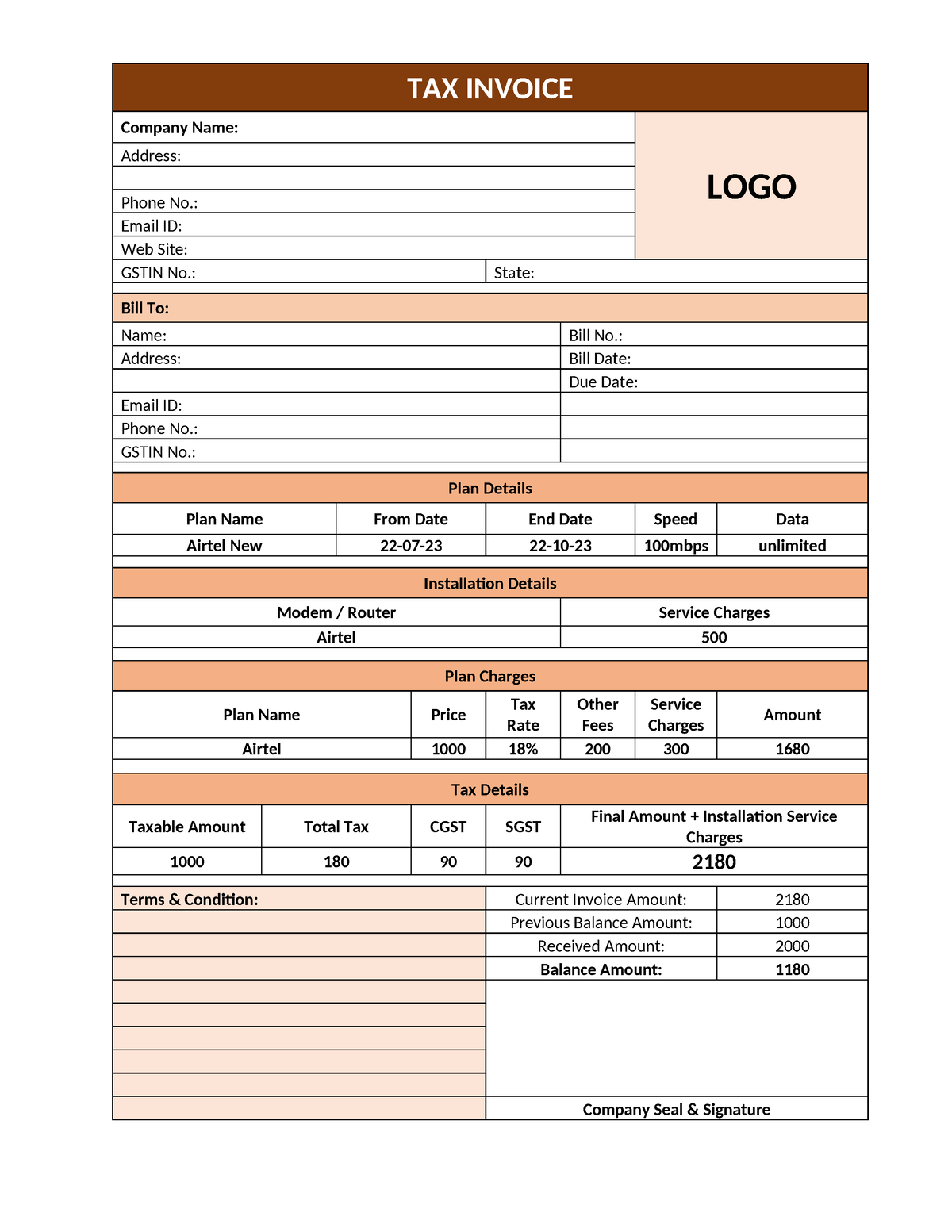 Broadband bill format 01 - TAX INVOICE Company Name: LOGO Address ...