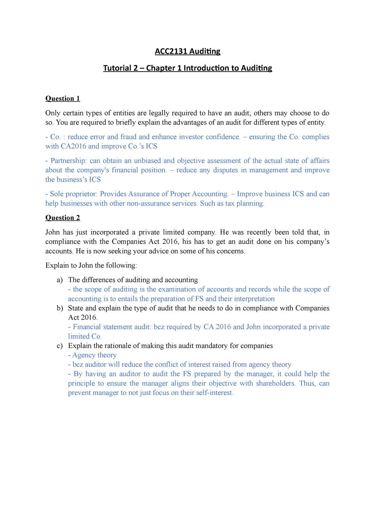 Tutorial 2 - Audit Exercise - ACC2131 Auditing Tutorial 2 – Chapter 1 ...