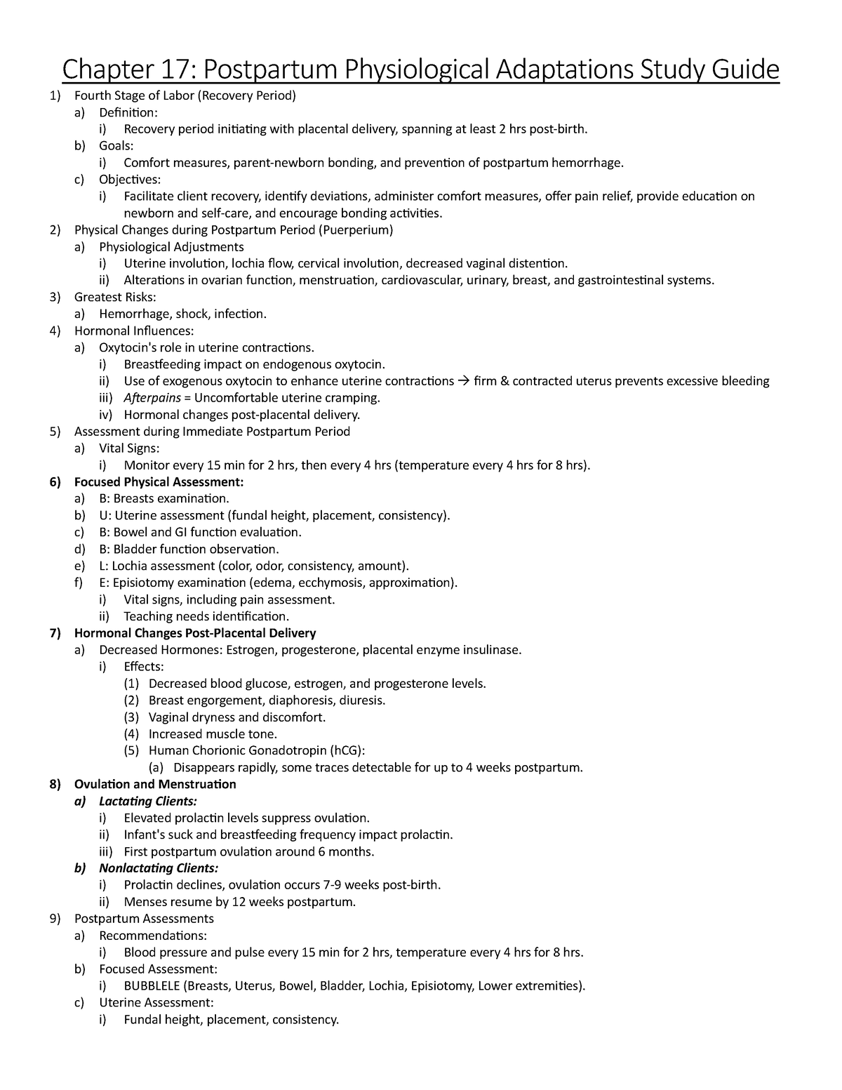 Postpartum Summary ATI - Chapter 17: Postpartum Physiological ...