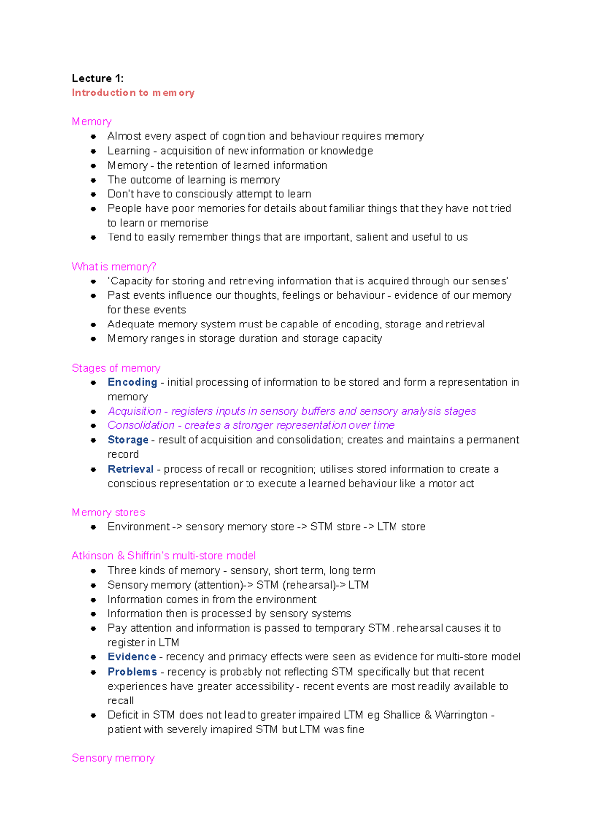 Memory - Lecture notes all - Lecture 1: Introduction to memory Memory ...