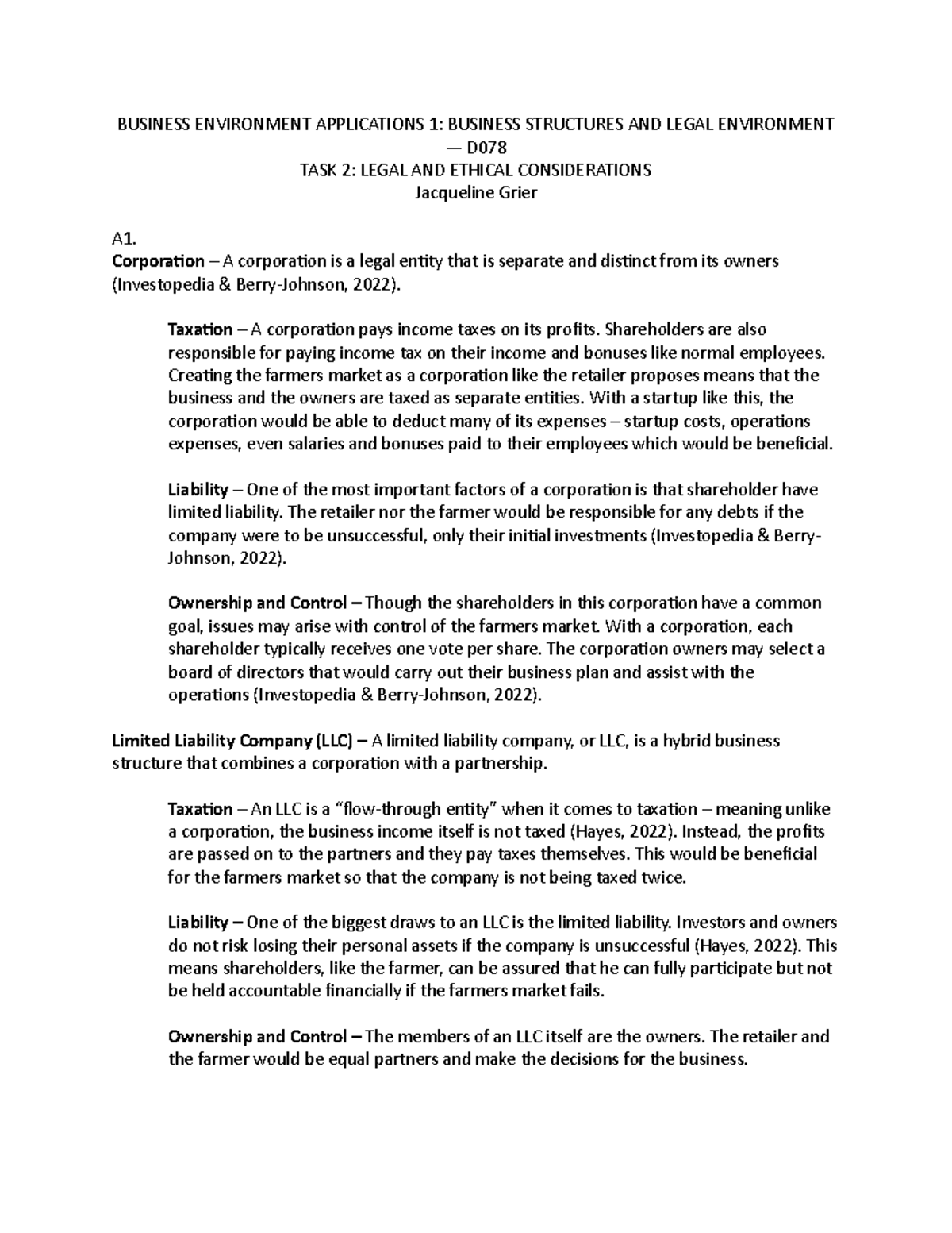 Task 2 - BUSINESS ENVIRONMENT APPLICATIONS 1: BUSINESS STRUCTURES AND ...