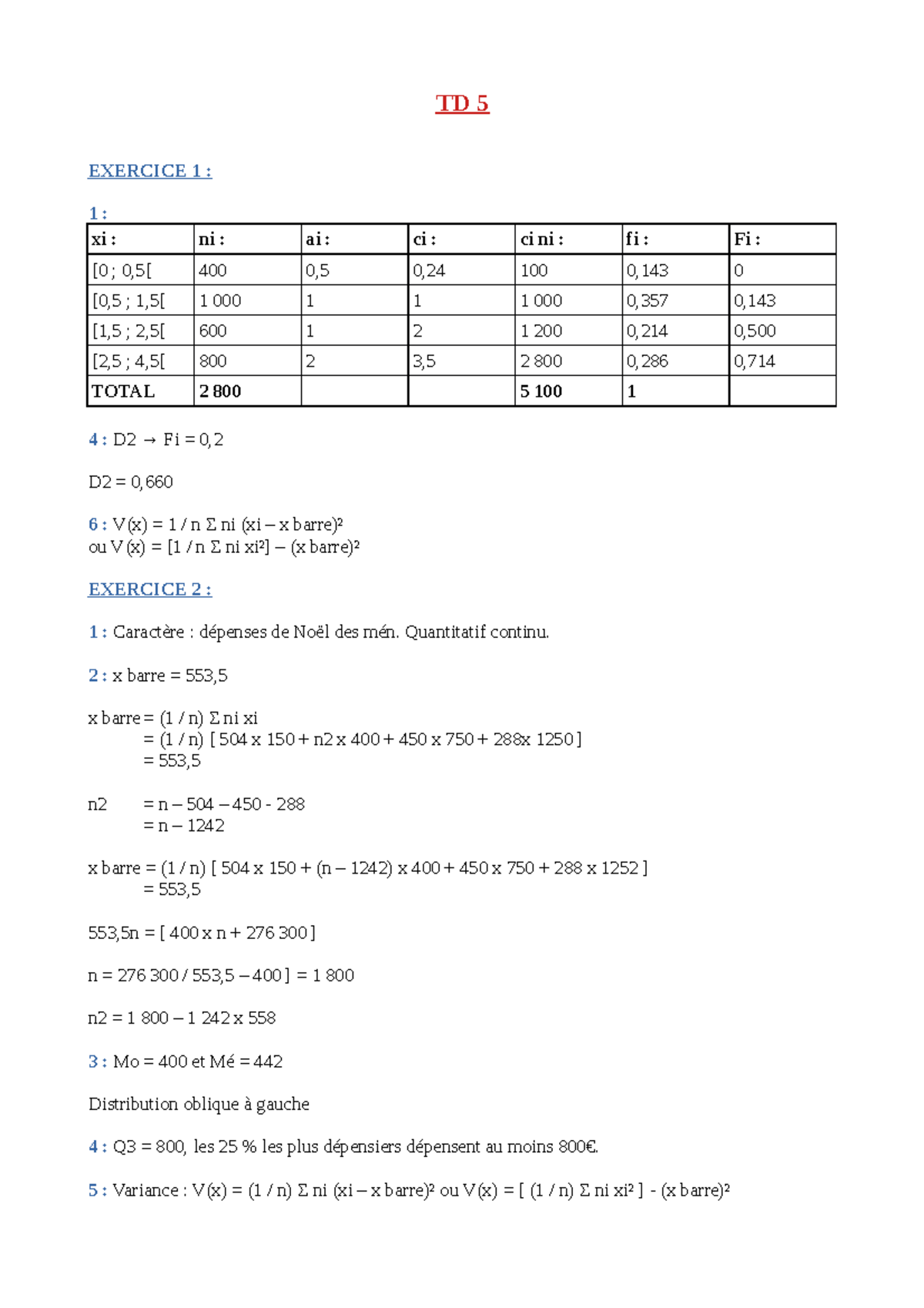 TD 5 - Corrigé Du TD - TD 5 EXERCICE 1 : 1 : Xi : Ni : Ai : Ci : Ci Ni ...