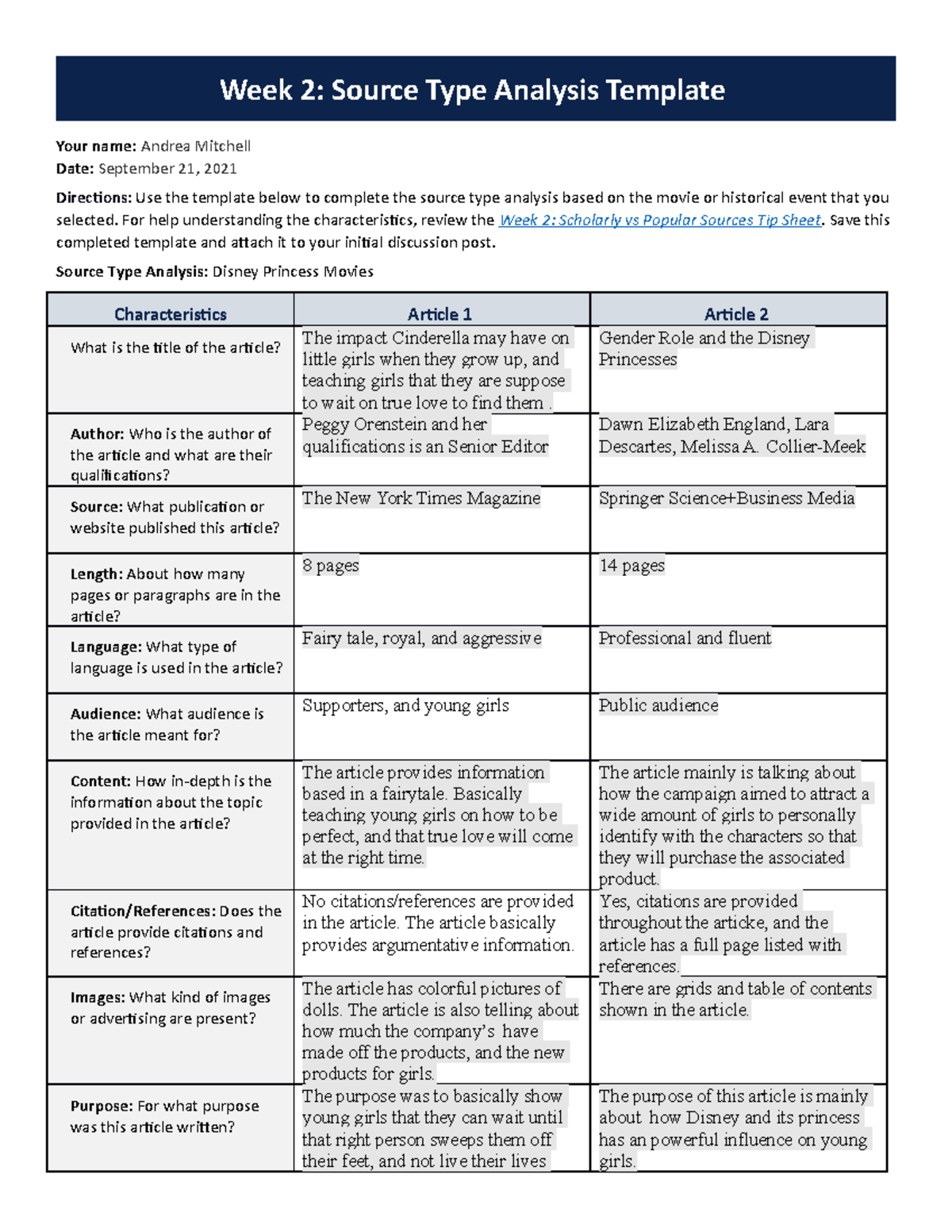 Week 2 Discussion Forum 1 Template - Your name: Andrea Mitchell Date ...