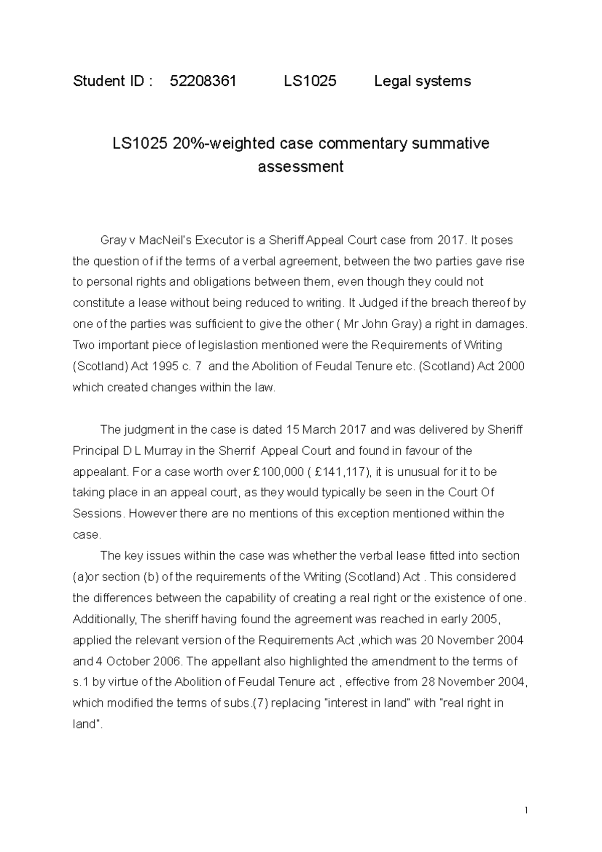 Legal+case+note+ - case note - Student ID : 52208361 LS1025 Legal ...