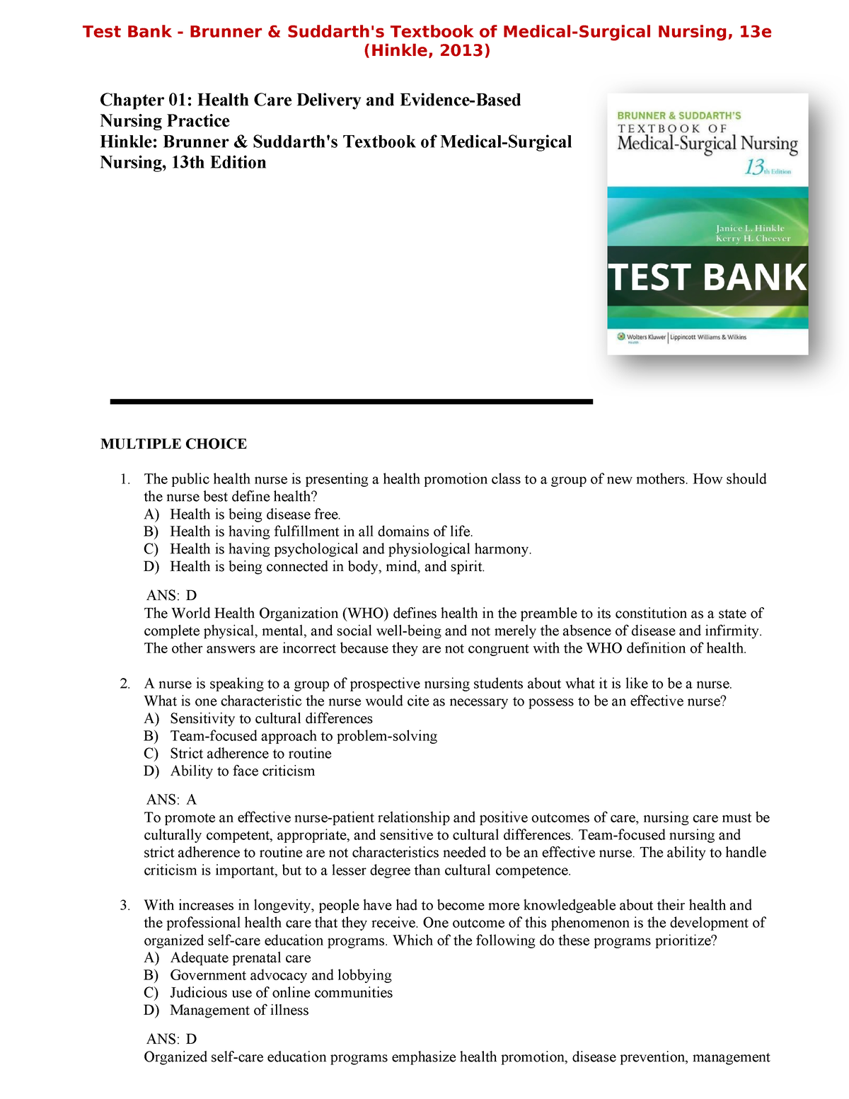 A+ Ultimate Guide Test Bank Brunner And Suddarth's Textbook Of Medical ...