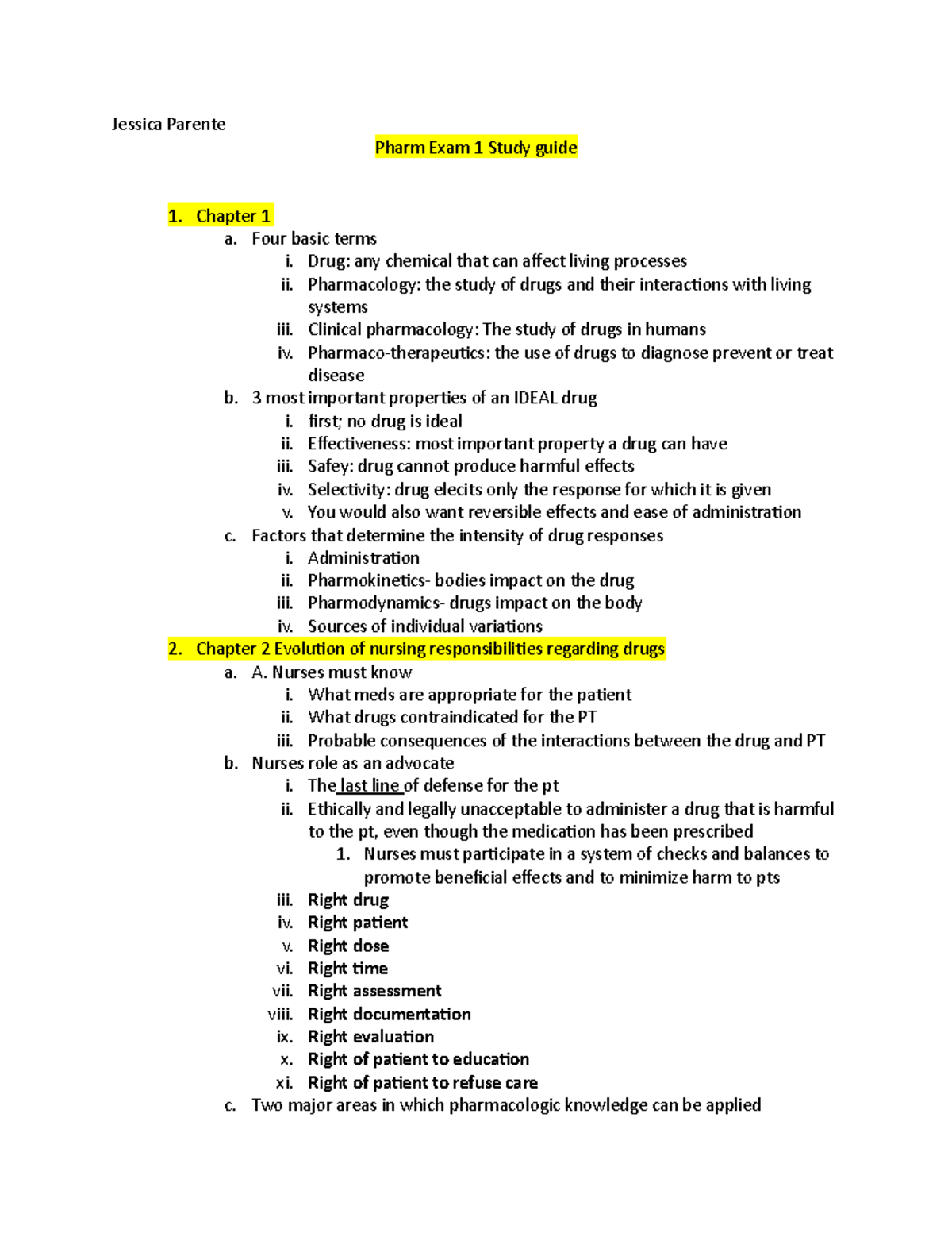 Exam 1 Study Guide Pharm - Jessica Parente Pharm Exam 1 Study Guide ...