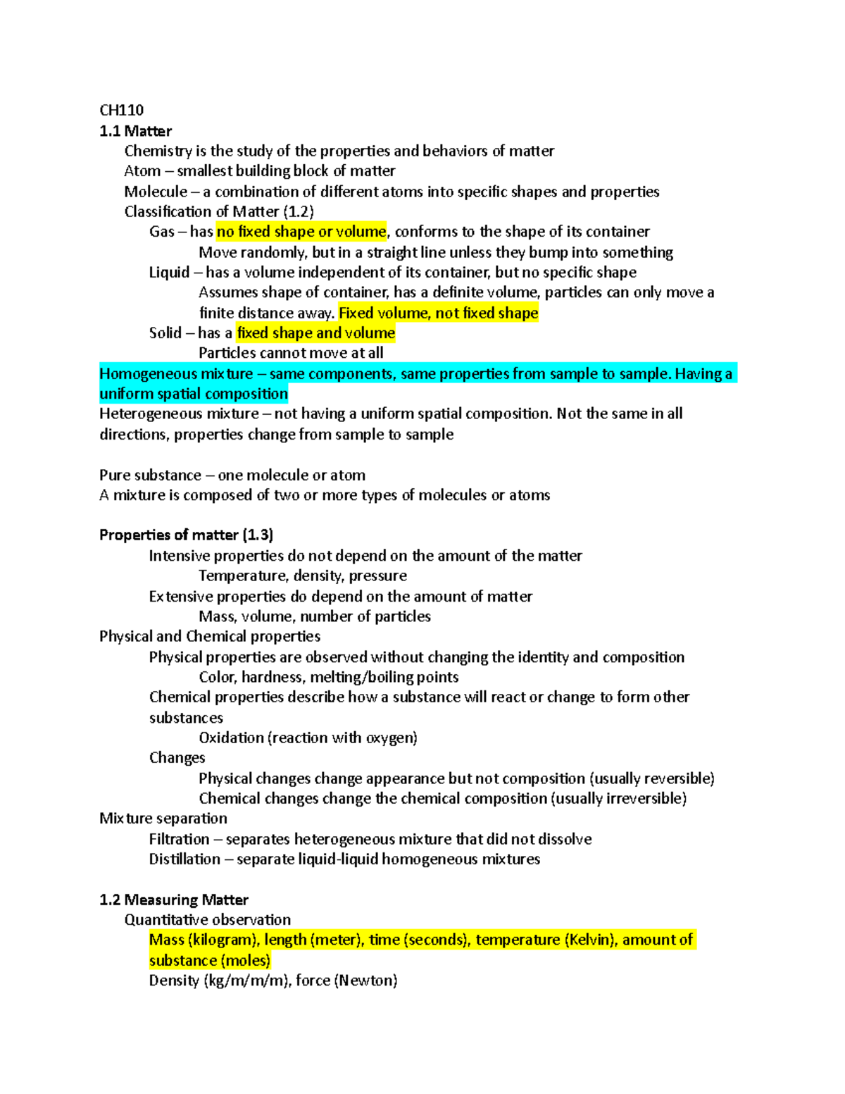 Ch110 Chapter 1 - Ch 1 Matter Chemistry Is The Study Of The Properties 