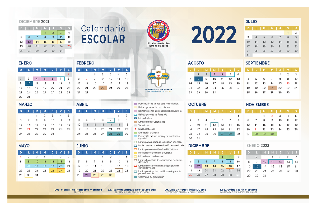 Calendario Escolar 2022 Unison comprimido D L M M J V S 1 2 3 4 5 6 7