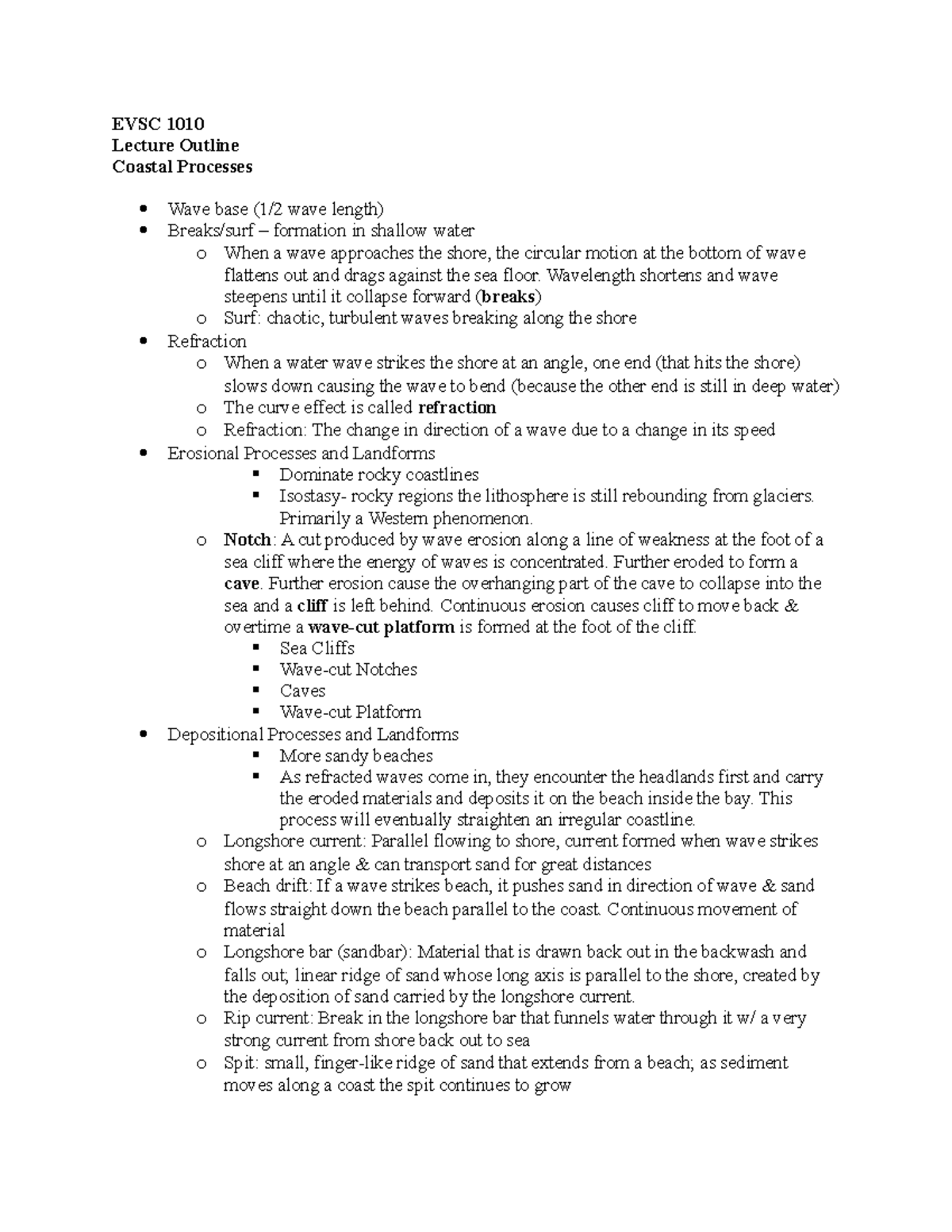 Coastal Processes - notes - EVSC 1010 Lecture Outline Coastal Processes ...