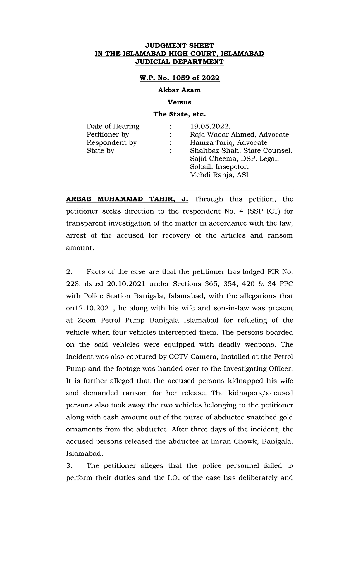 W.P - Writ petition against government authority - JUDGMENT SHEET IN ...