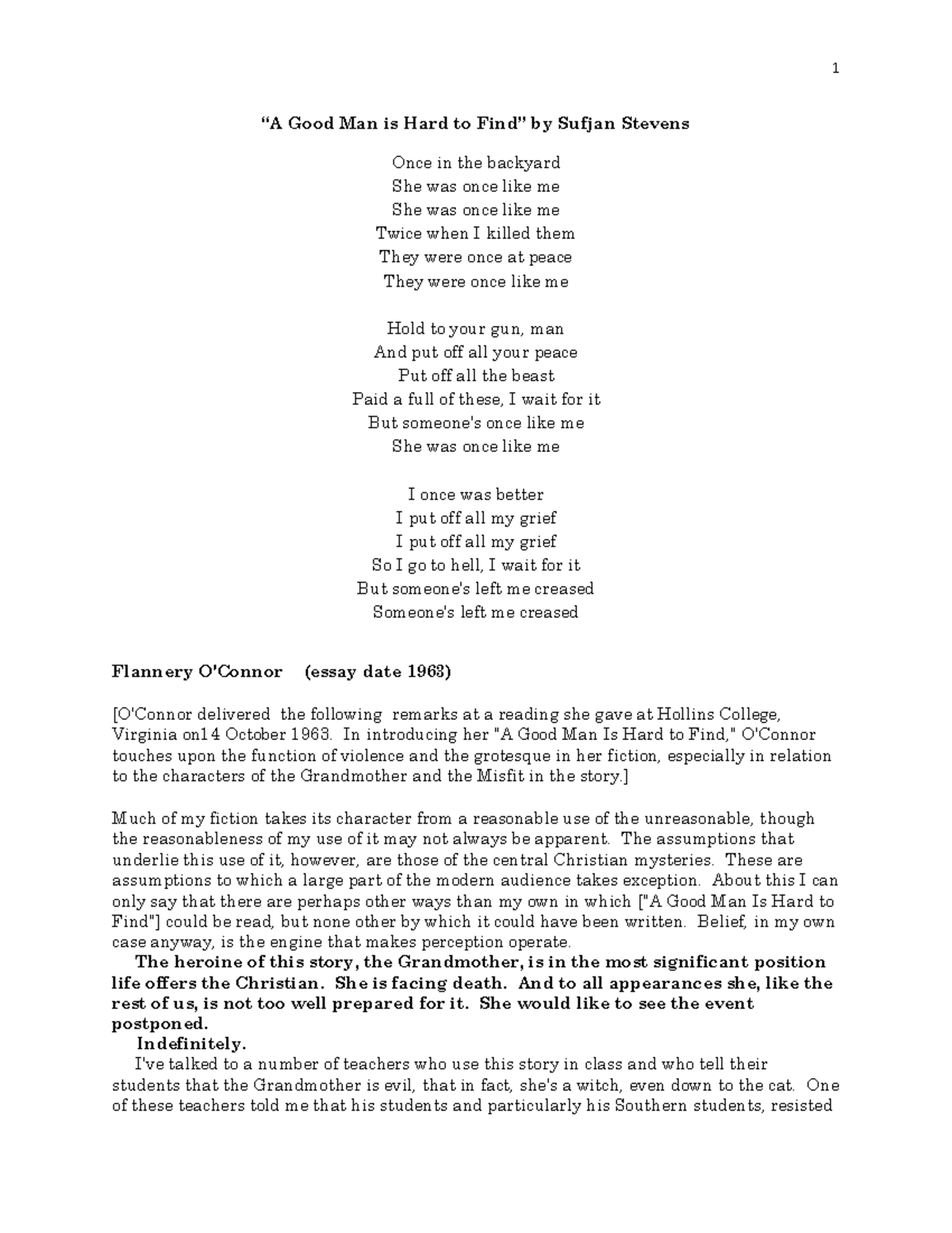 A Good Man Is Hard To Find Sufjan OConnorhandout - 1 “A Good Man is Hard to Find” by Sufjan Stevens Once