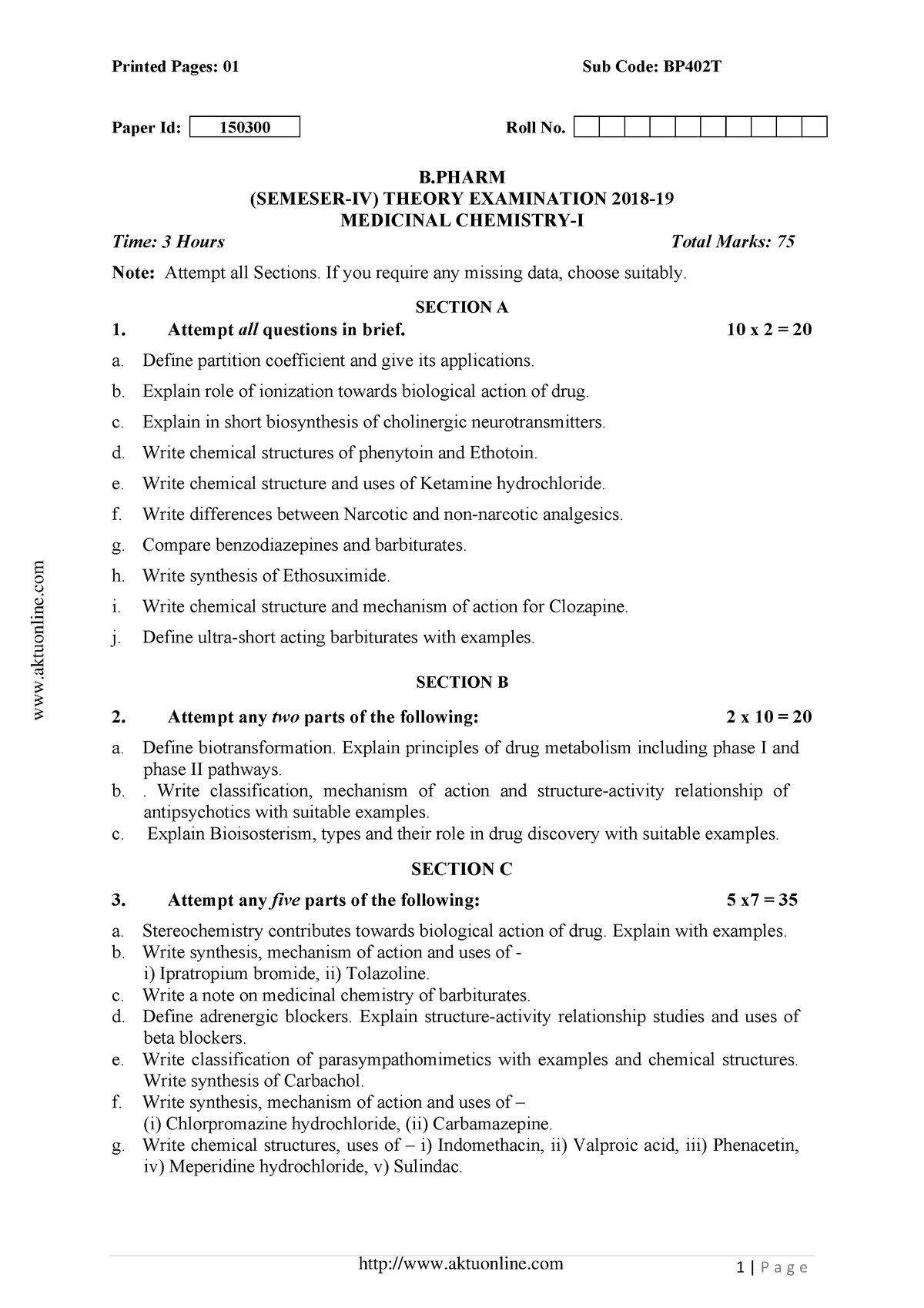 Bpharm 4 sem medicinal chemistry 1 bp402t 2019 - Printed Pages: 01 Sub ...