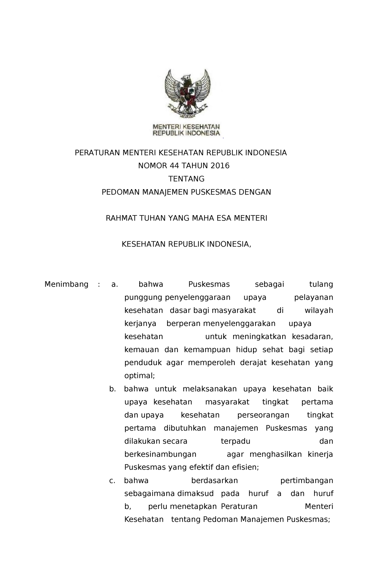 Permenkes Nomor 44 Tahun 2016 - PERATURAN MENTERI KESEHATAN REPUBLIK ...