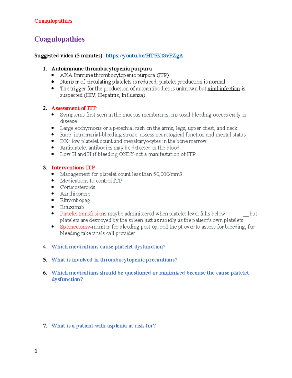 Coagulopathies and Blood Transfusions Student (1) - Coagulopathies ...