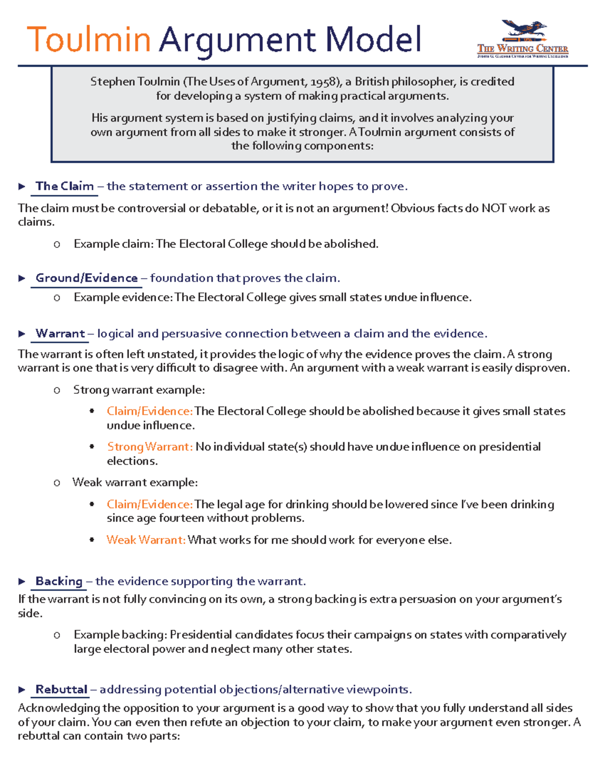 Toulmin Model of Argumentation - Toulmin Argument Model Stephen Toulmin ...