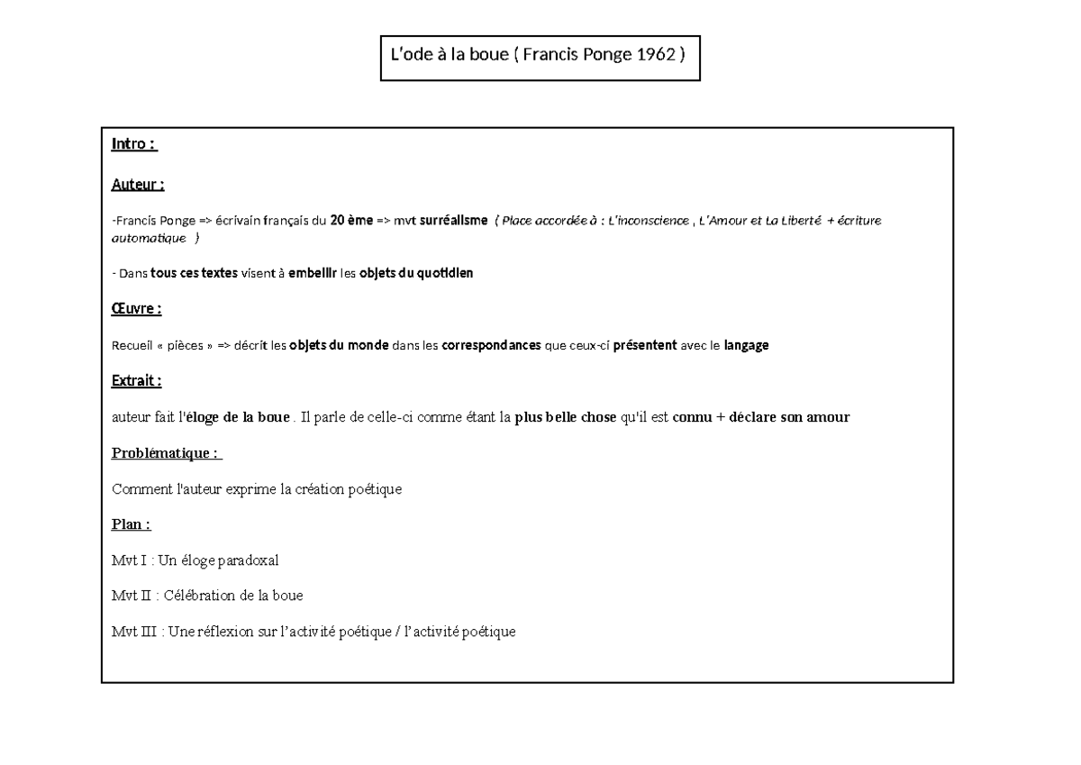 Lecture linéaire l'ode à la boue - L’ode à la boue ( Francis Ponge 1962