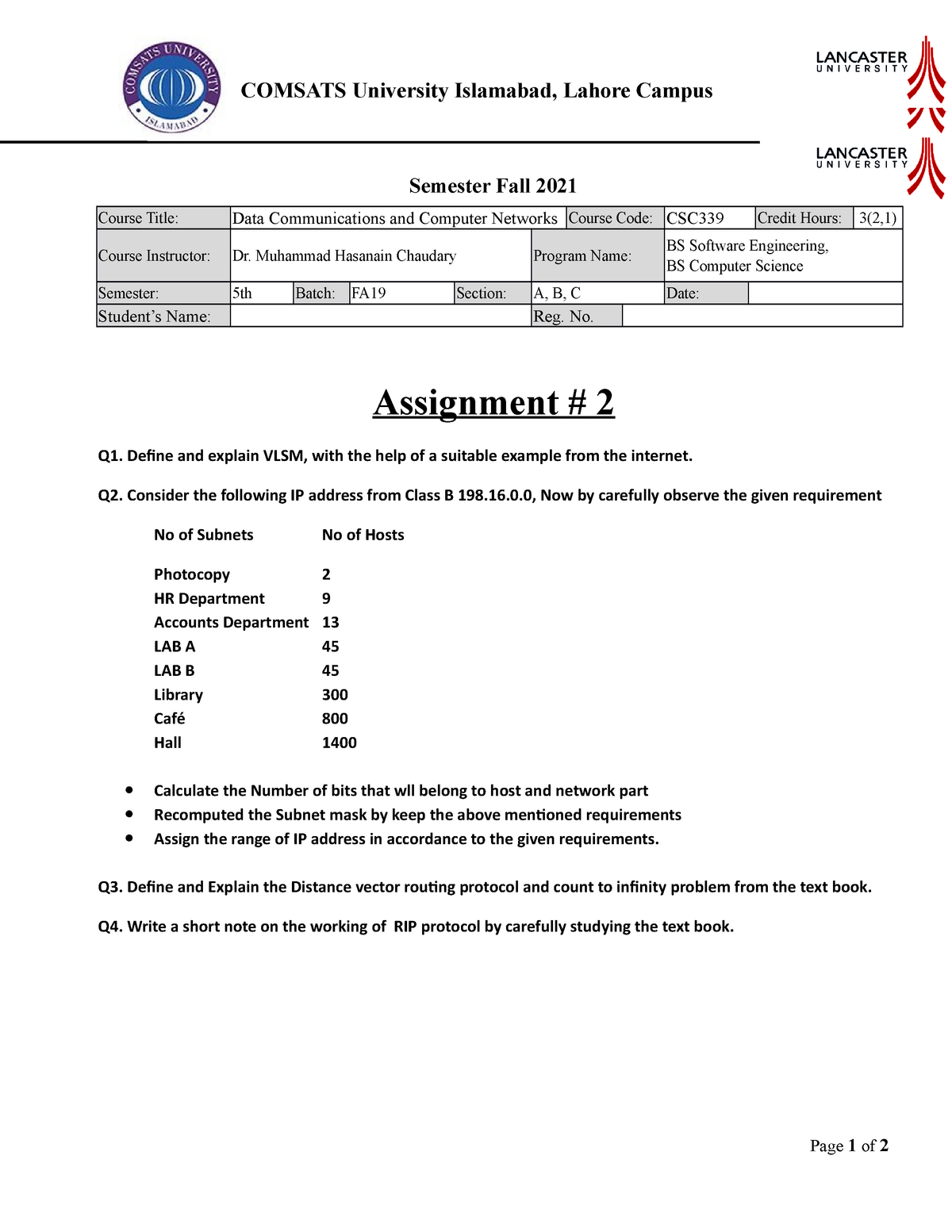 CSC339 Assignment # 2(BSE-A,B, & BCS-C)FA21 - Data Communication ...