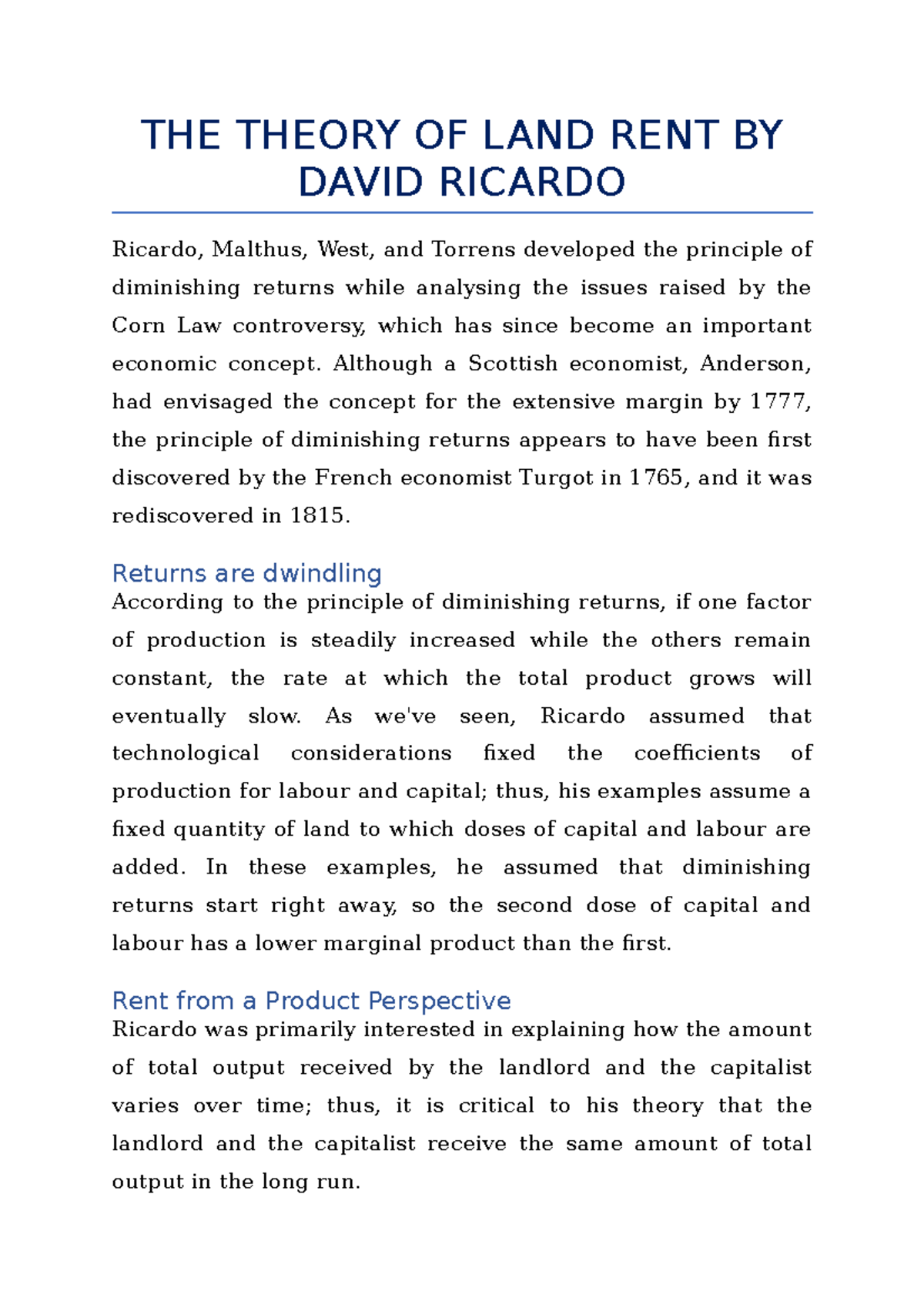 THE Theory OF LAND RENT BY David Ricardo THE THEORY OF LAND RENT BY