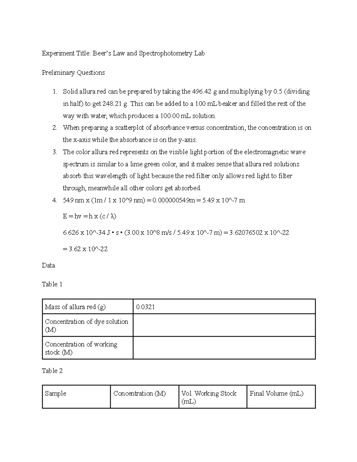 Beer’s Law and Spectrophotometry Lab Experiment Title Beer’s Law and