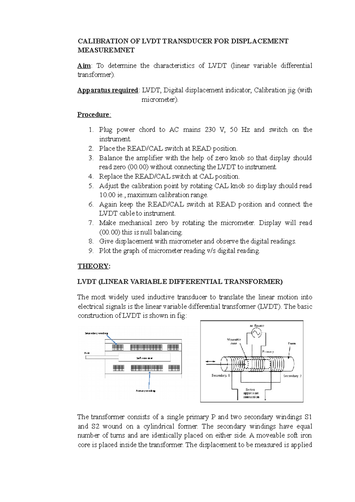Lab 1 CALIBRATION OF LVDT TRANSDUCER FOR DISPLACEMENT Aim