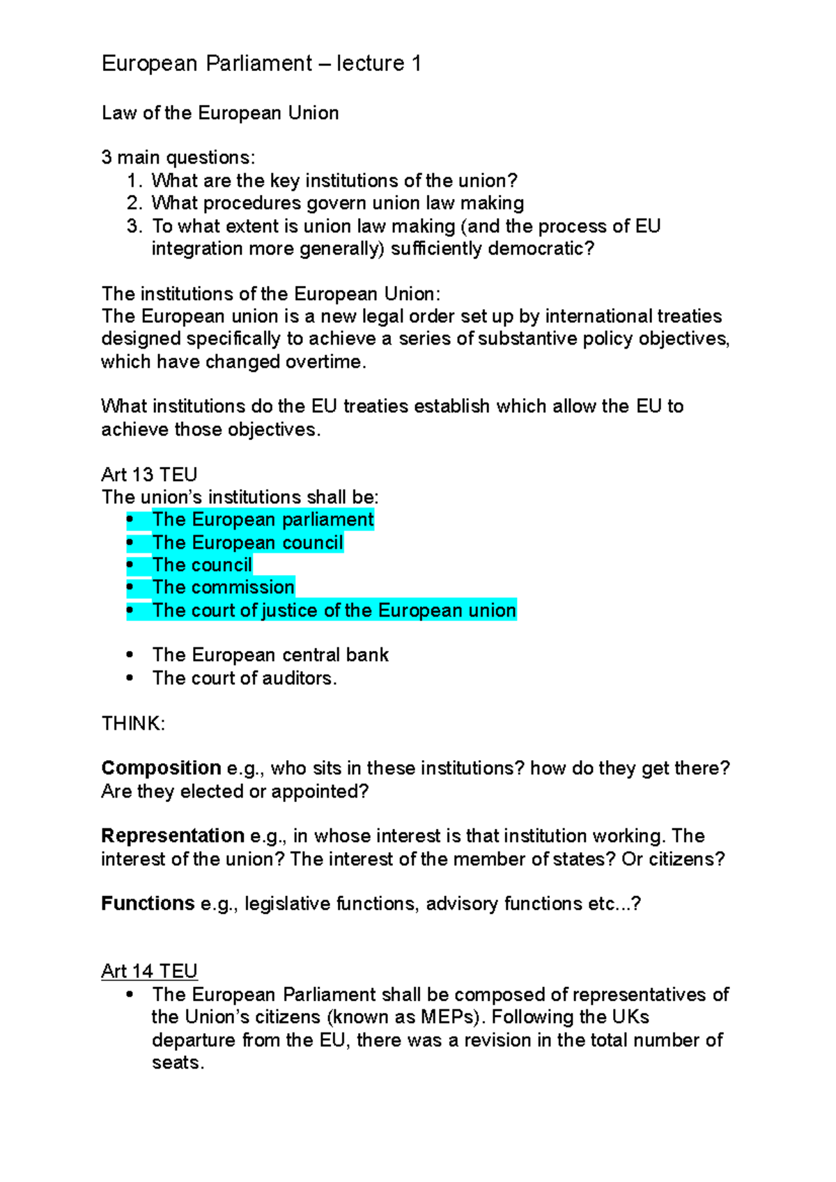 European Parliament - seminar work - European Parliament – lecture 1 ...