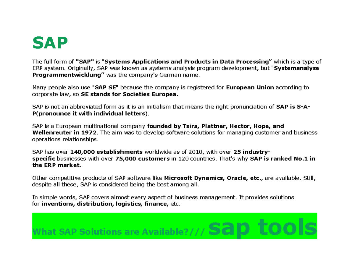 SAP - Enterprise system - SAP The full form of 