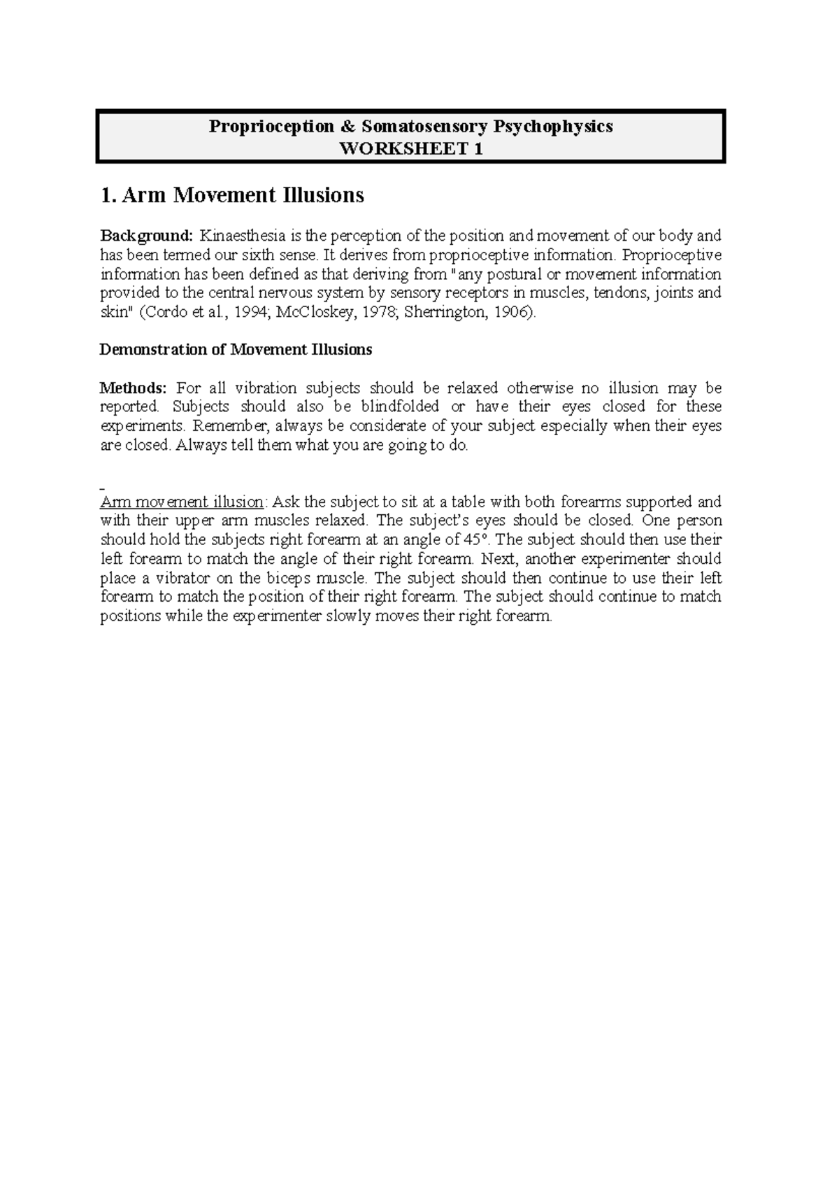 XNB271 Somatosensory Proprioception Worksheet 1 - Proprioception ...