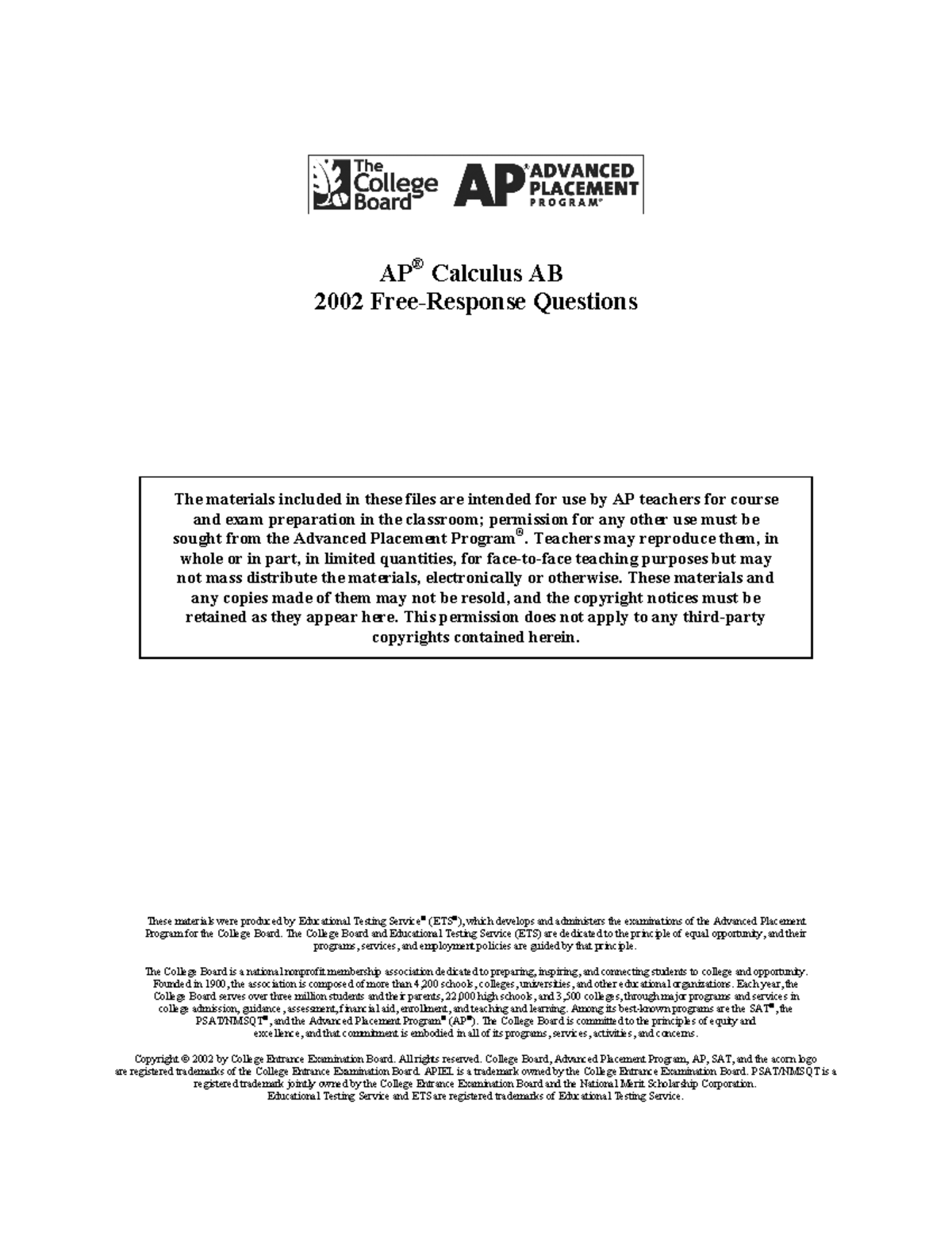 Calculus ab frq 02 10315 - APÆ Calculus AB 2002 Free-Response Questions ...