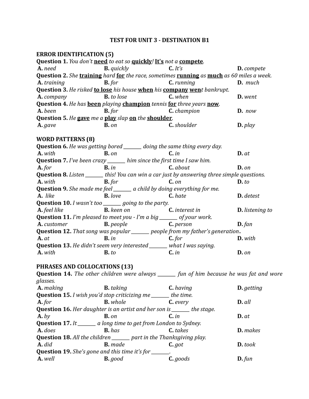 TEST FOR UNIT 3 - TEST FOR UNIT 3 - TEST FOR UNIT 3 - DESTINATION B ...