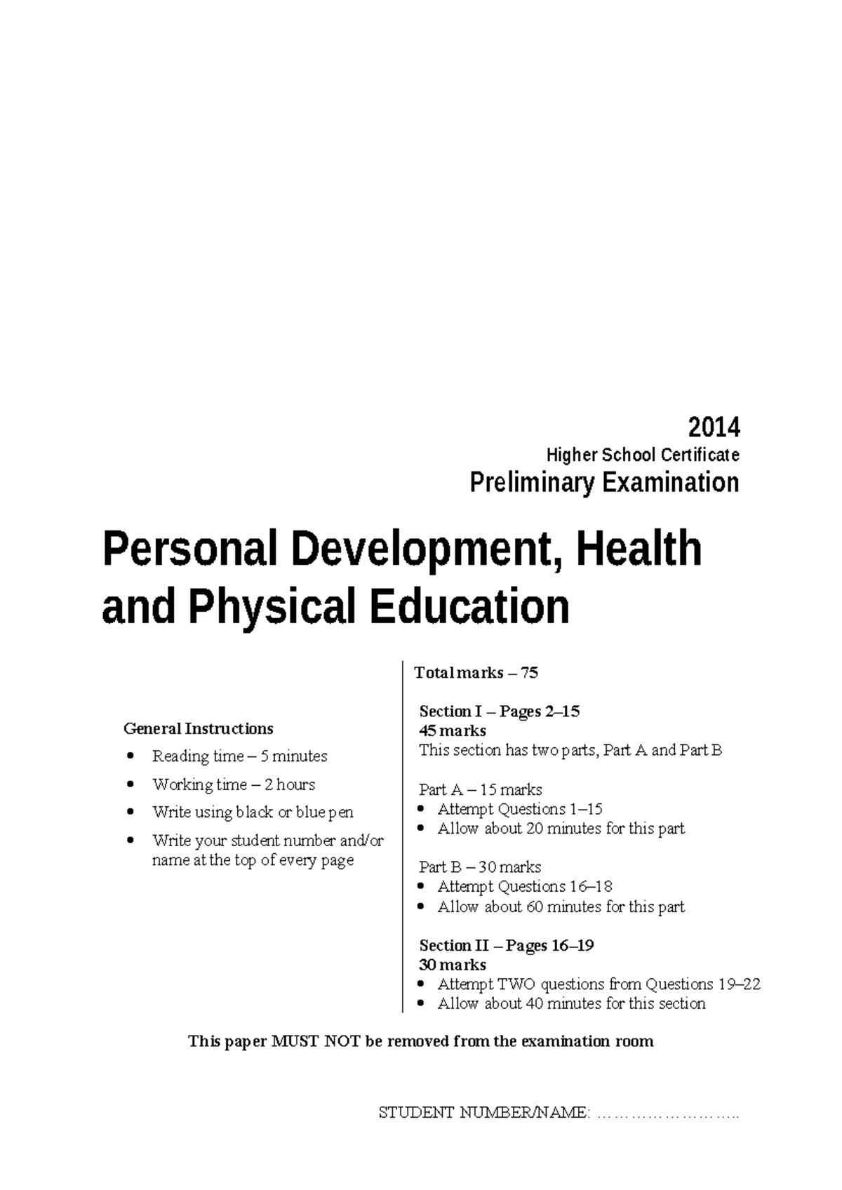 Pdhpe yr 11 questions 2014 i - 2014 Higher School Certificate ...