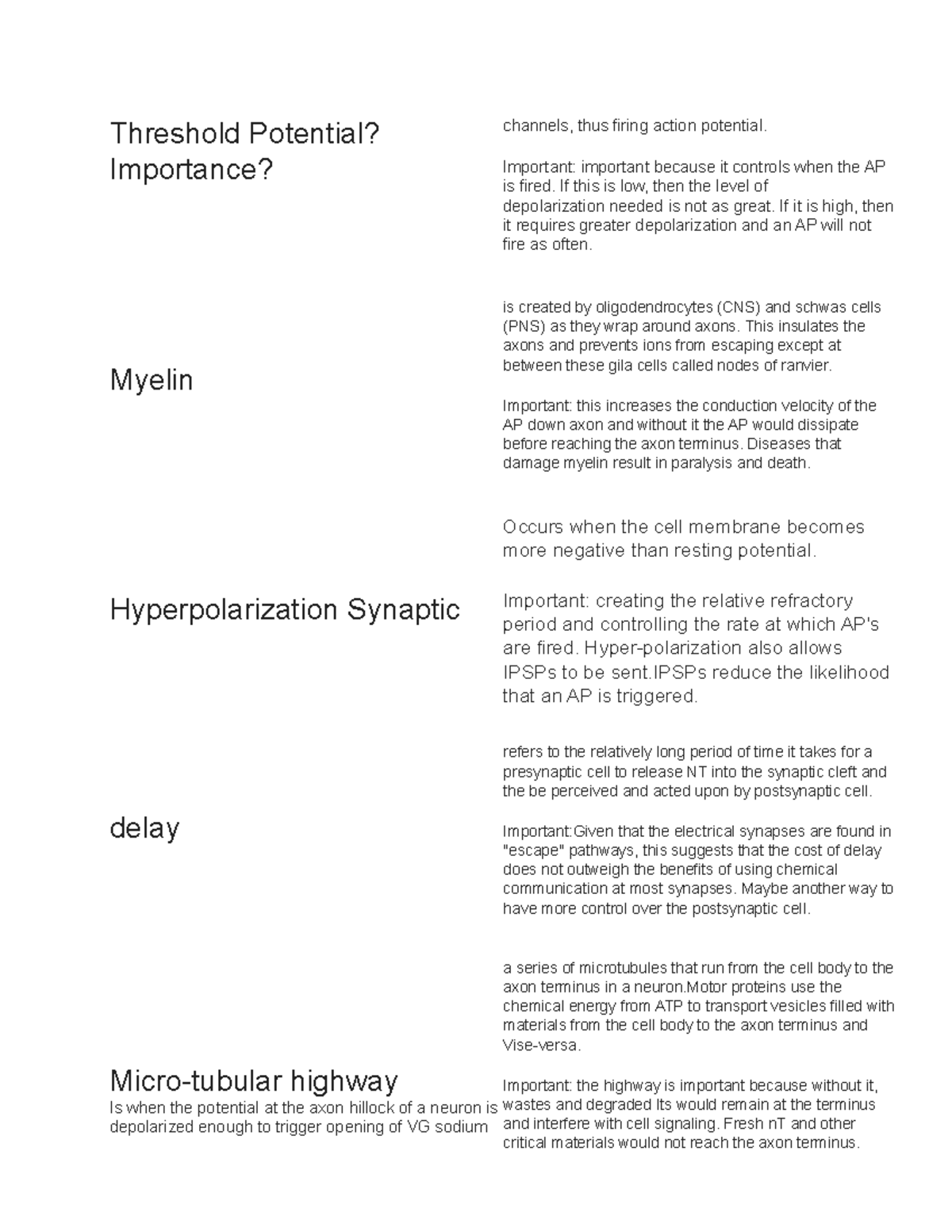 Quizlet Lecture notes 10 Threshold Potential? Importance? Myelin