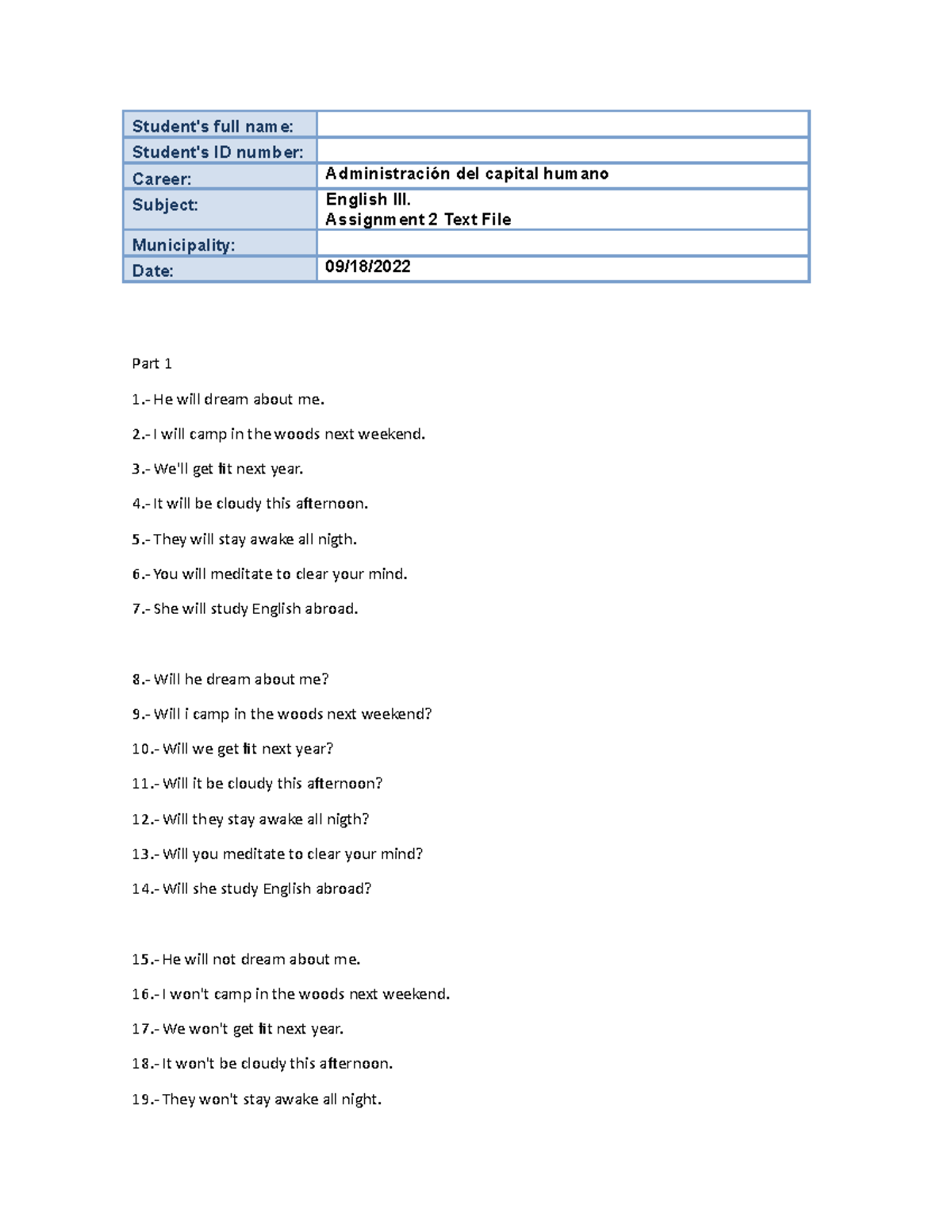 Avance Ingles - Notas De Repaso Para Examen - Student's Full Name 