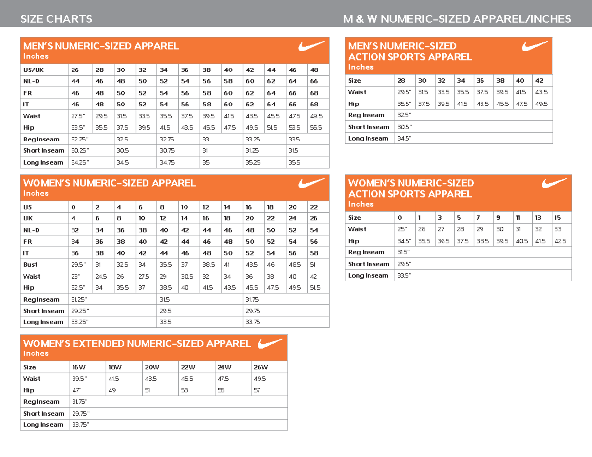 Apparel - For lecture notes - SIZE CHARTS M & W NUMERIC-SIZED APPAREL ...