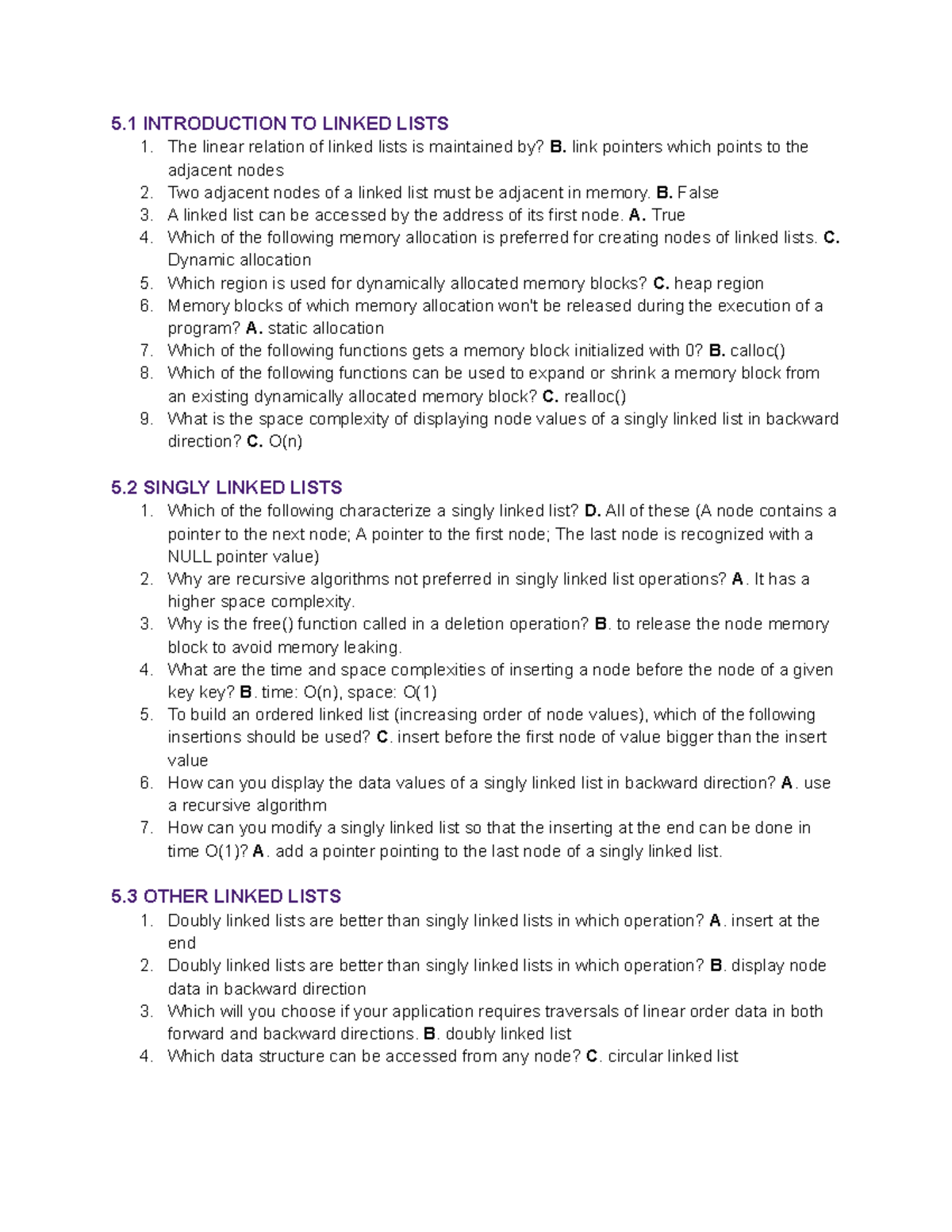 MCQ ALL Combined FINAL REVIEW 5 INTRODUCTION TO LINKED LISTS The