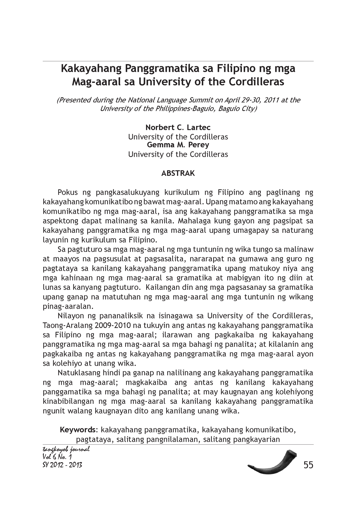 Kakayahang Panggramatika Sa Filipino Ng - Tangkoyob Journal Vol 6 No. 1 ...