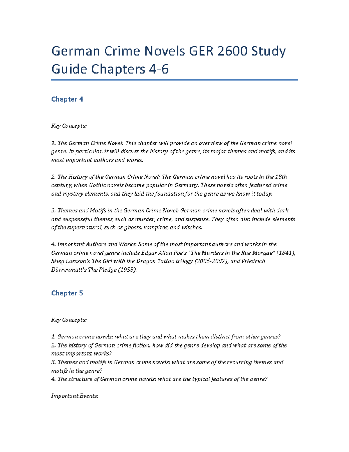 German Crime Novels GER 2600 Study Guide Chapters 4-6 - In particular ...