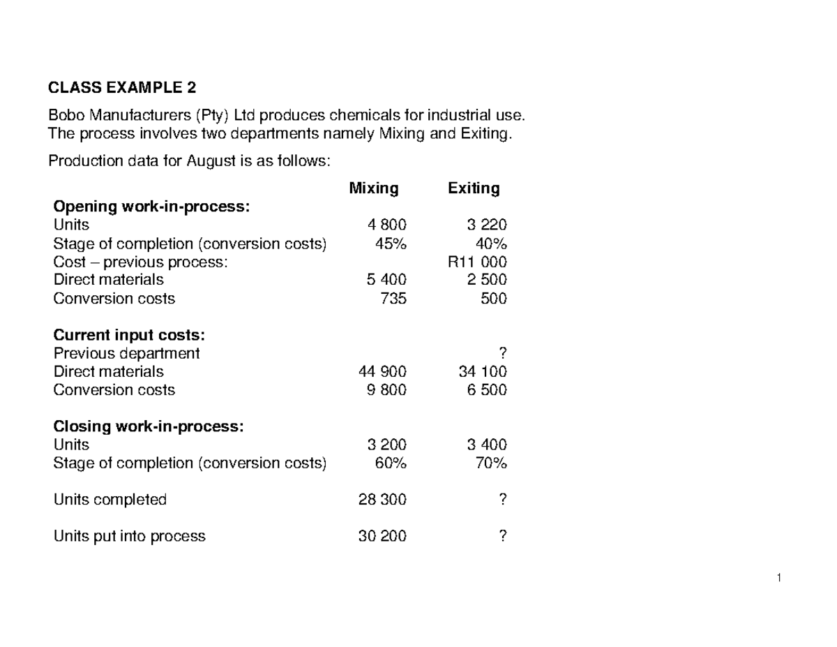 Process costing class ex2 Bobo Q&A workings - CLASS EXAMPLE 2 Bobo ...