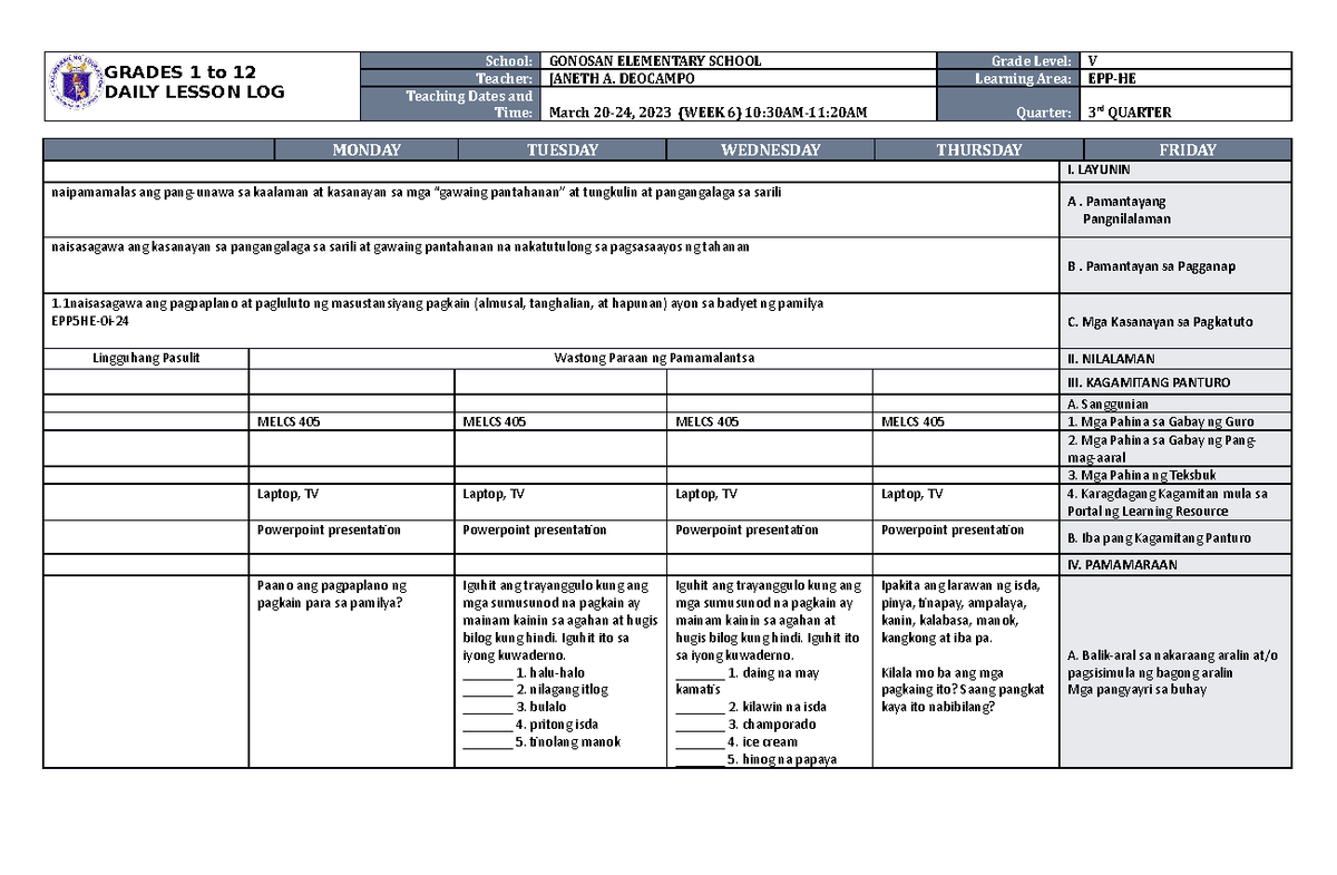 DLL EPP 5 Home Economics Week 6 - GRADES 1 to 12 DAILY LESSON LOG ...