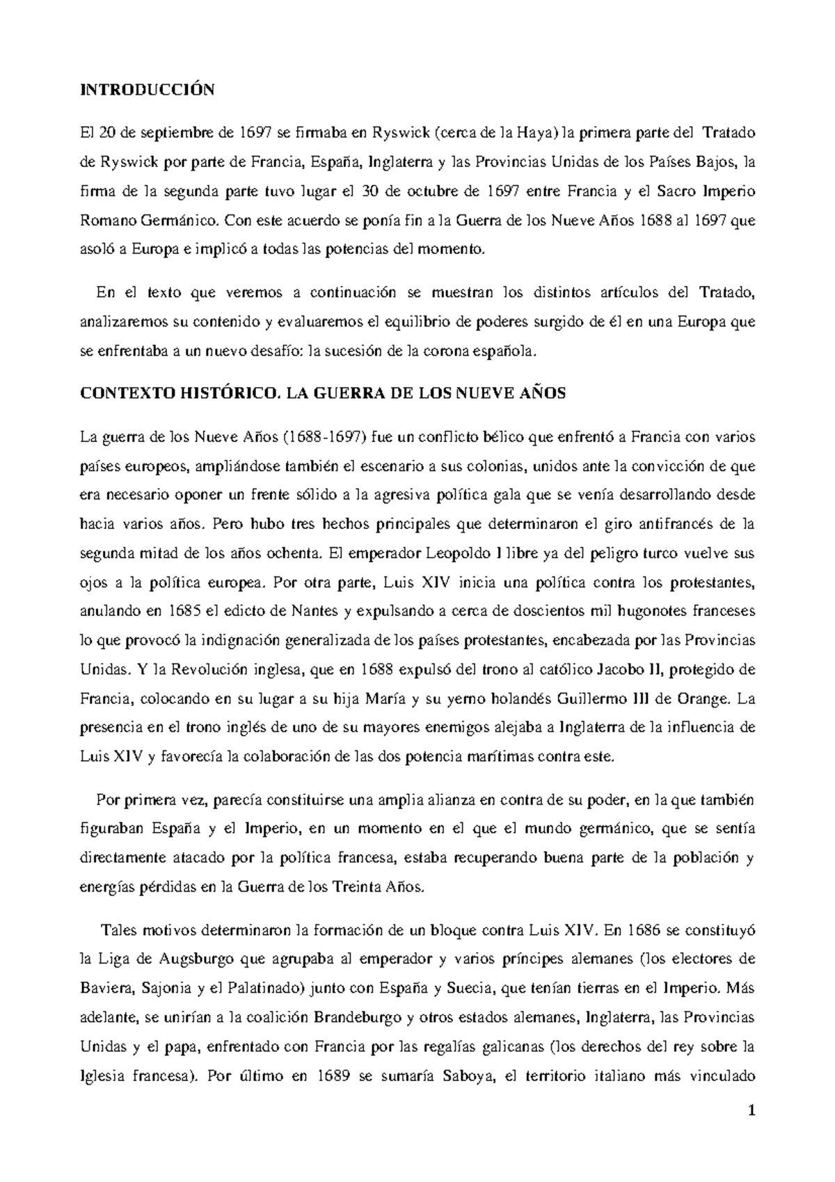LA PAZ DE Ryswick (Ejercicio práctico) - INTRODUCCIÓN El 20 de ...