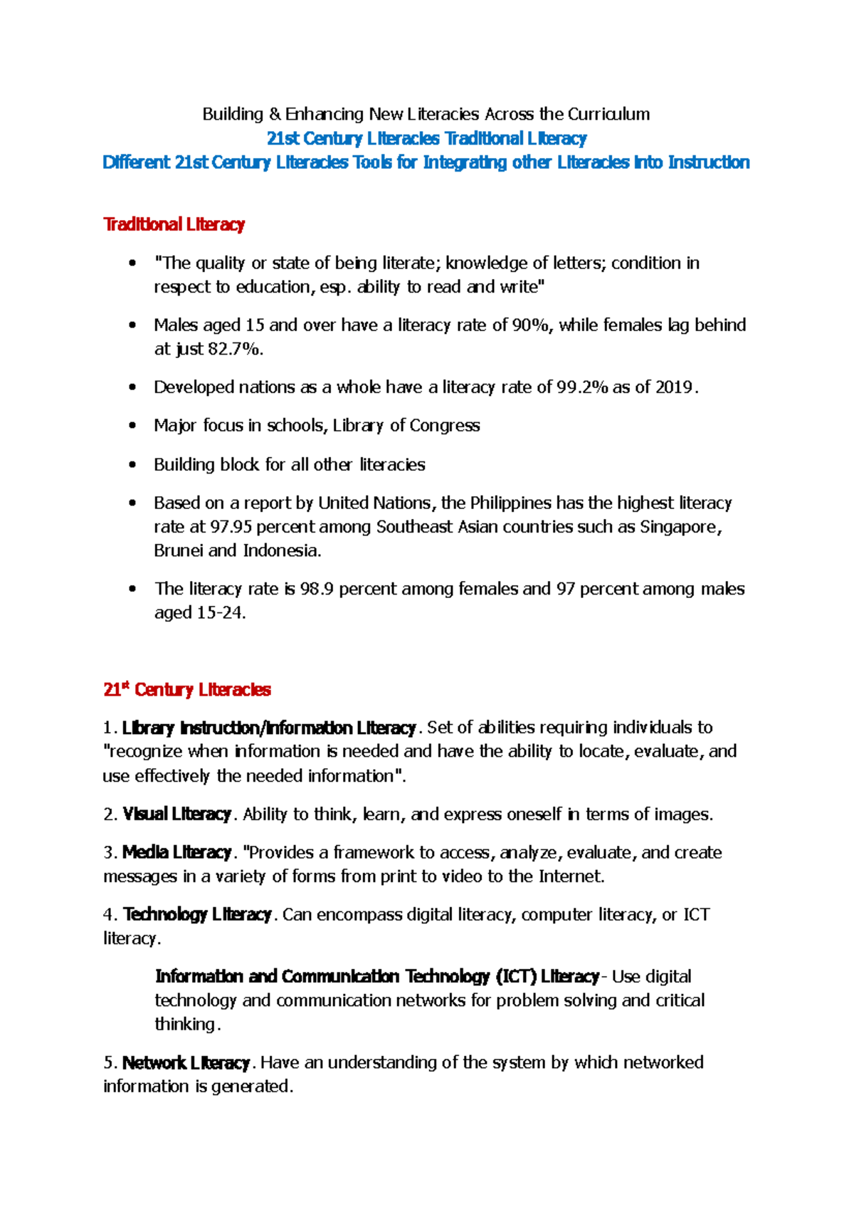 21st Century Literacies Traditional Literacy - Building & Enhancing New ...