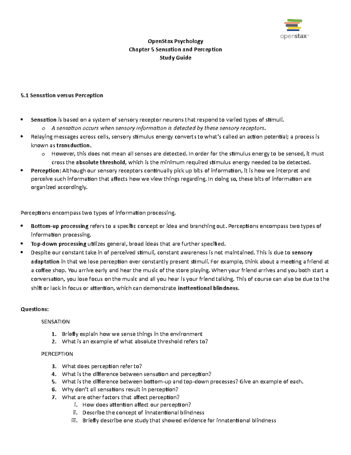 Open Stax Psychology 2e LN05 - OpenStax Psychology Chapter 5 Sensation ...